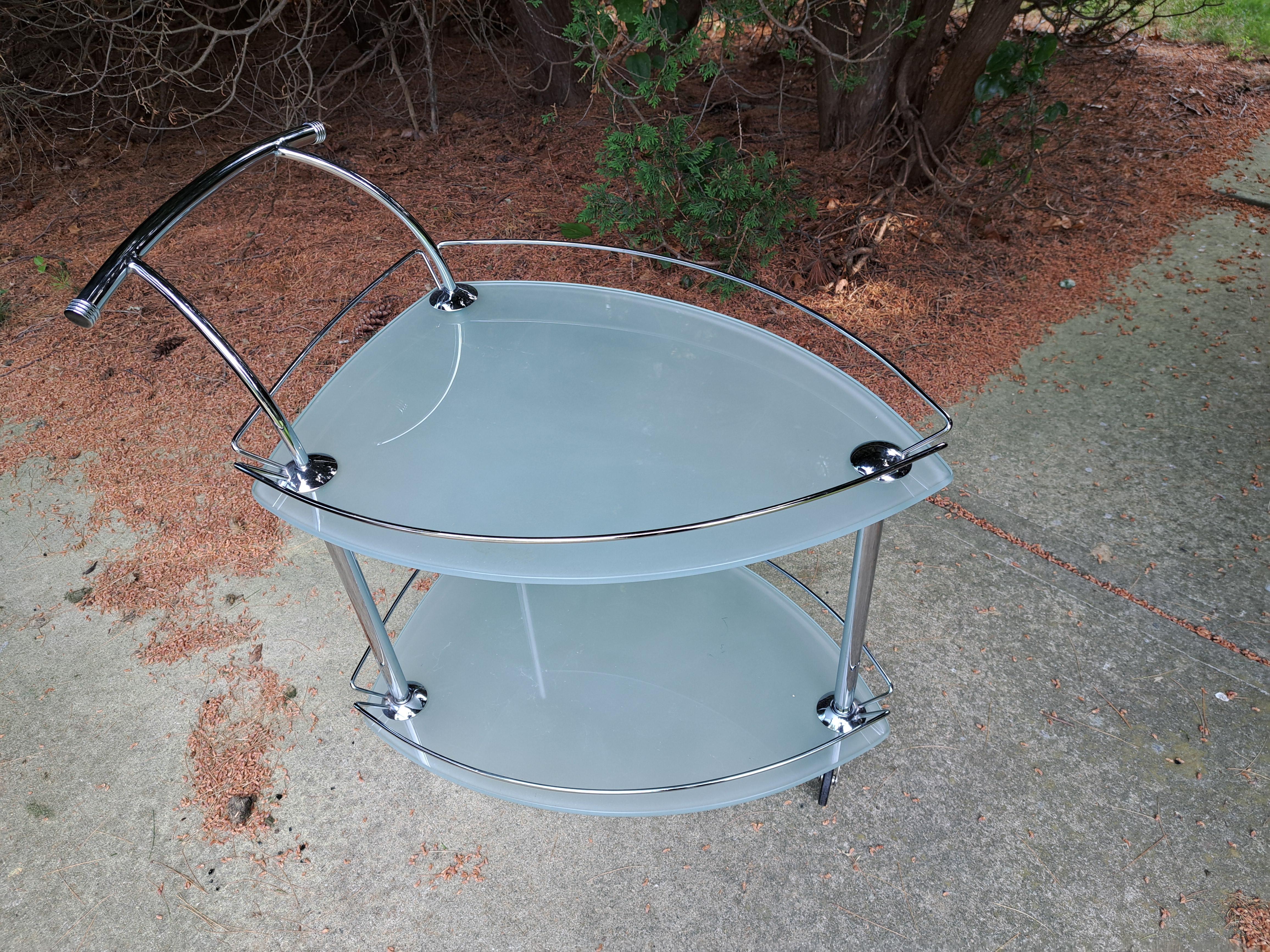 Southeast Asian Modern Chrome and Glass Triangular Bar Cart For Sale