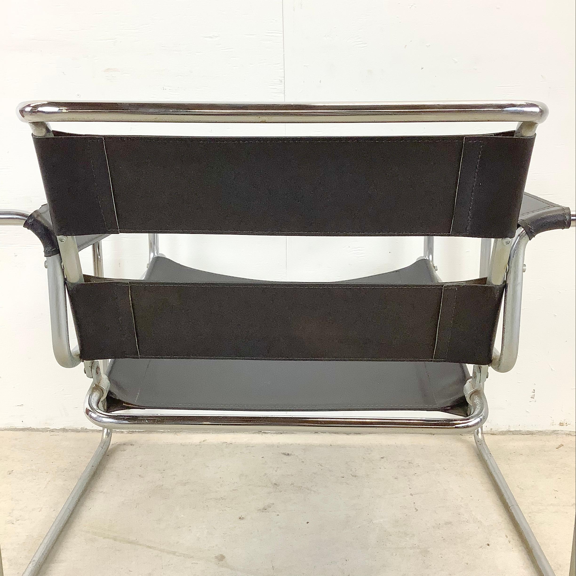 Metal Modern Chrome and Leather Strap Armchair after marcel breuer For Sale