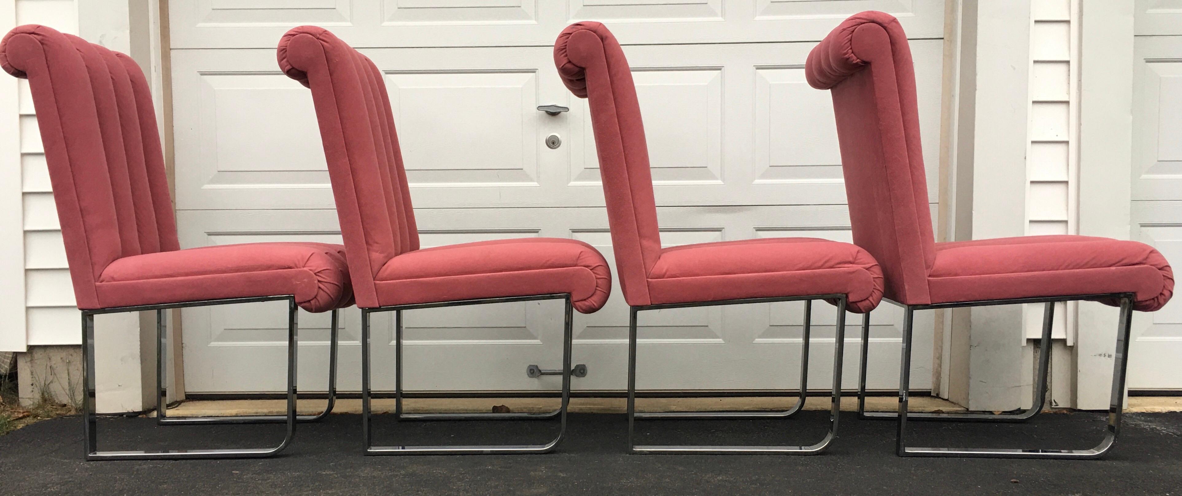 Post-Modern DIA Chrome and Pink Channel Back Dining Chairs, Design Institute America 1980 For Sale