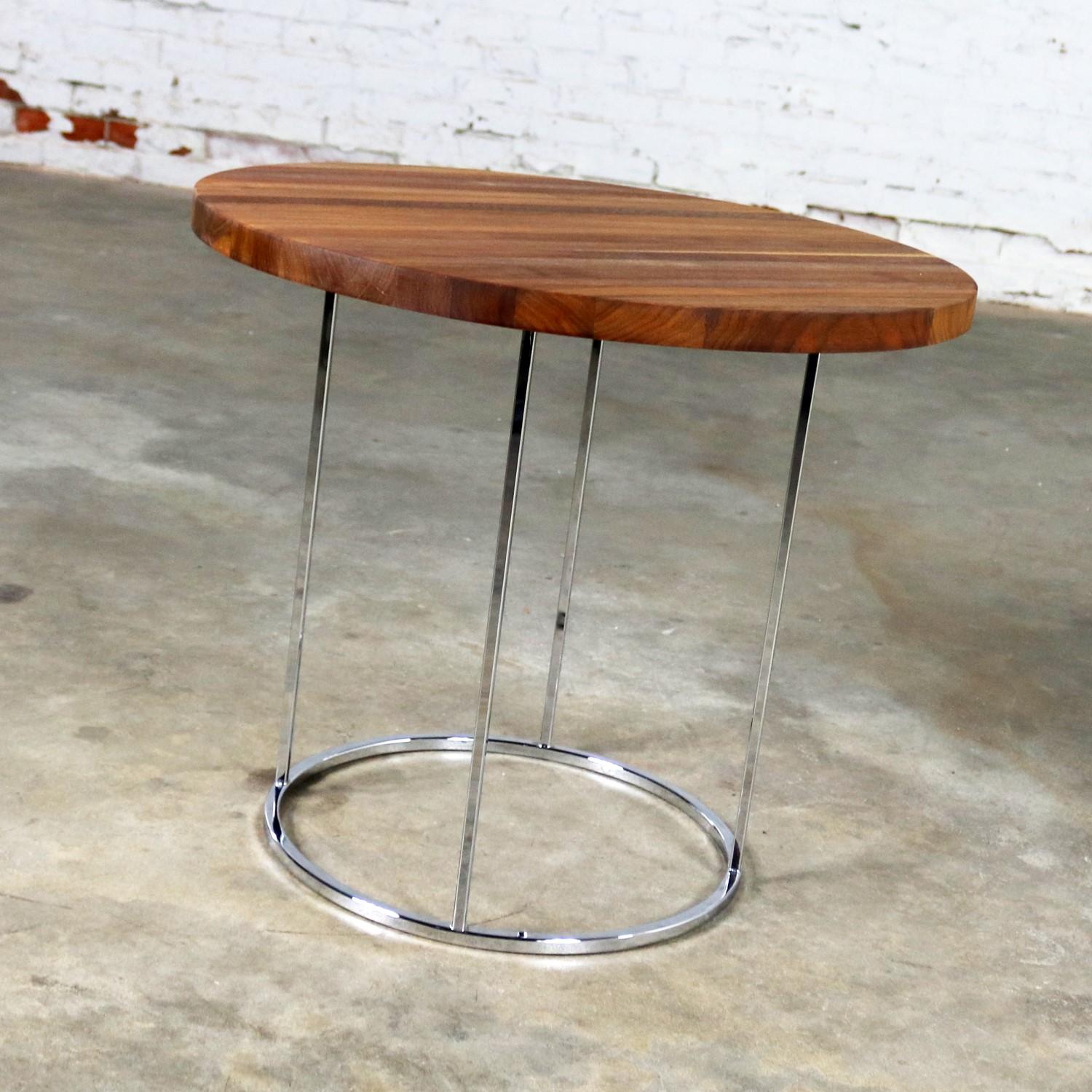 American Modern Chrome and Walnut Round Side Table Attributed to Milo Baughman