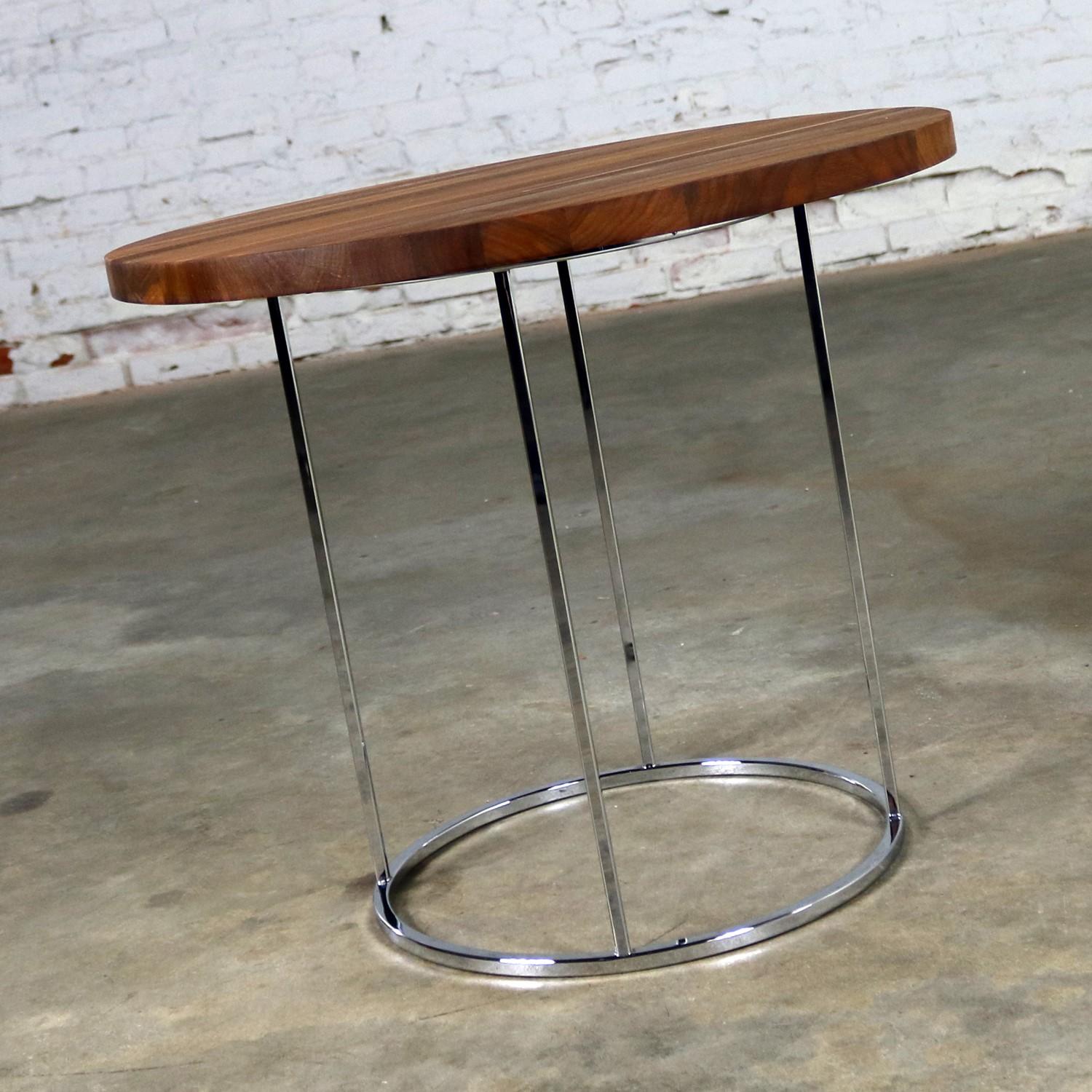 Modern Chrome and Walnut Round Side Table Attributed to Milo Baughman 1