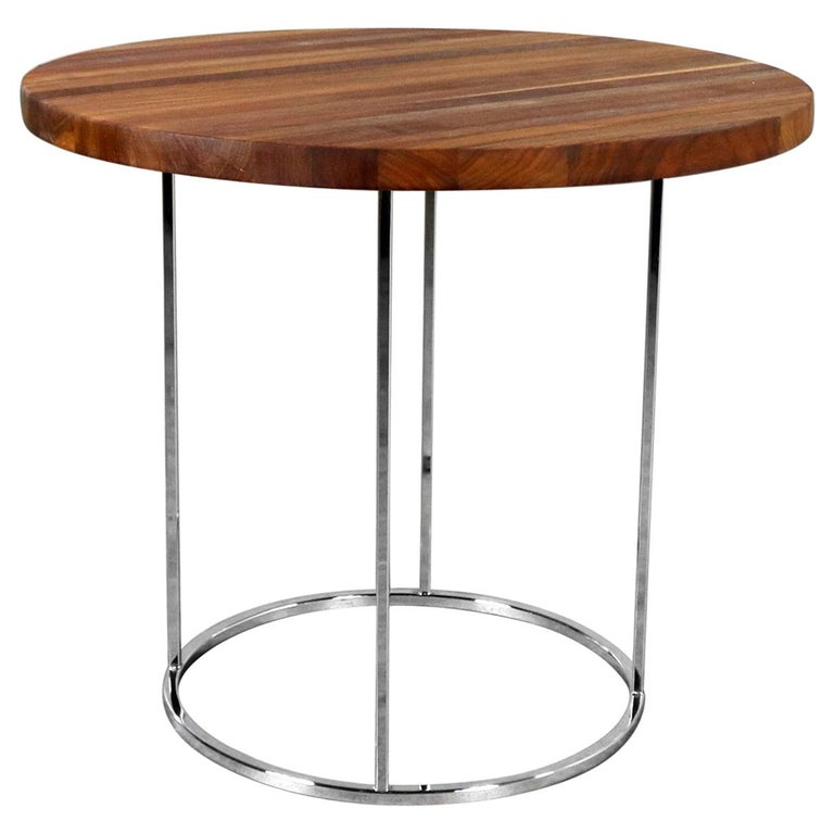 Modern Chrome and Walnut Round Side Table Attributed to Milo Baughman For Sale