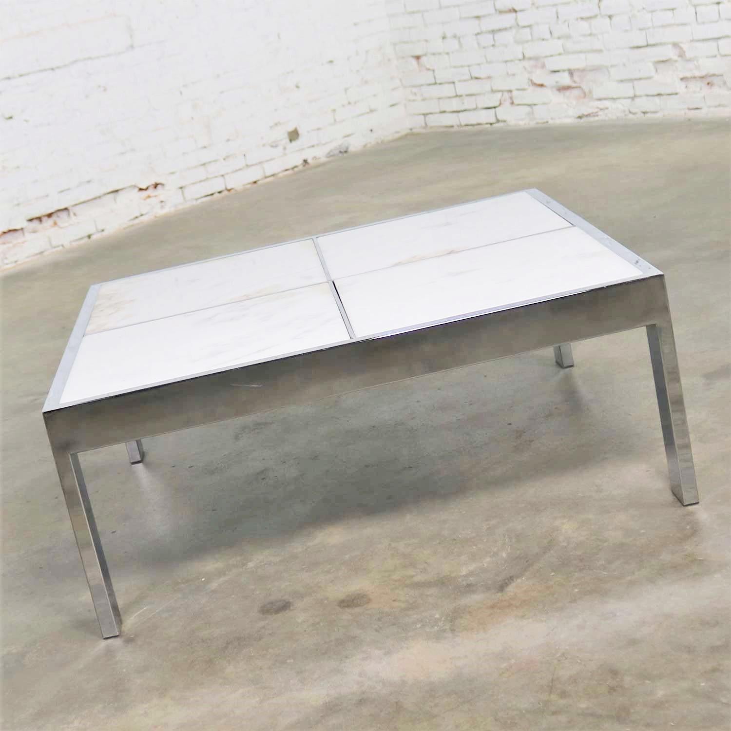 Modern Chrome and White Marble Coffee Table Attributed to the Pace Collection For Sale 6