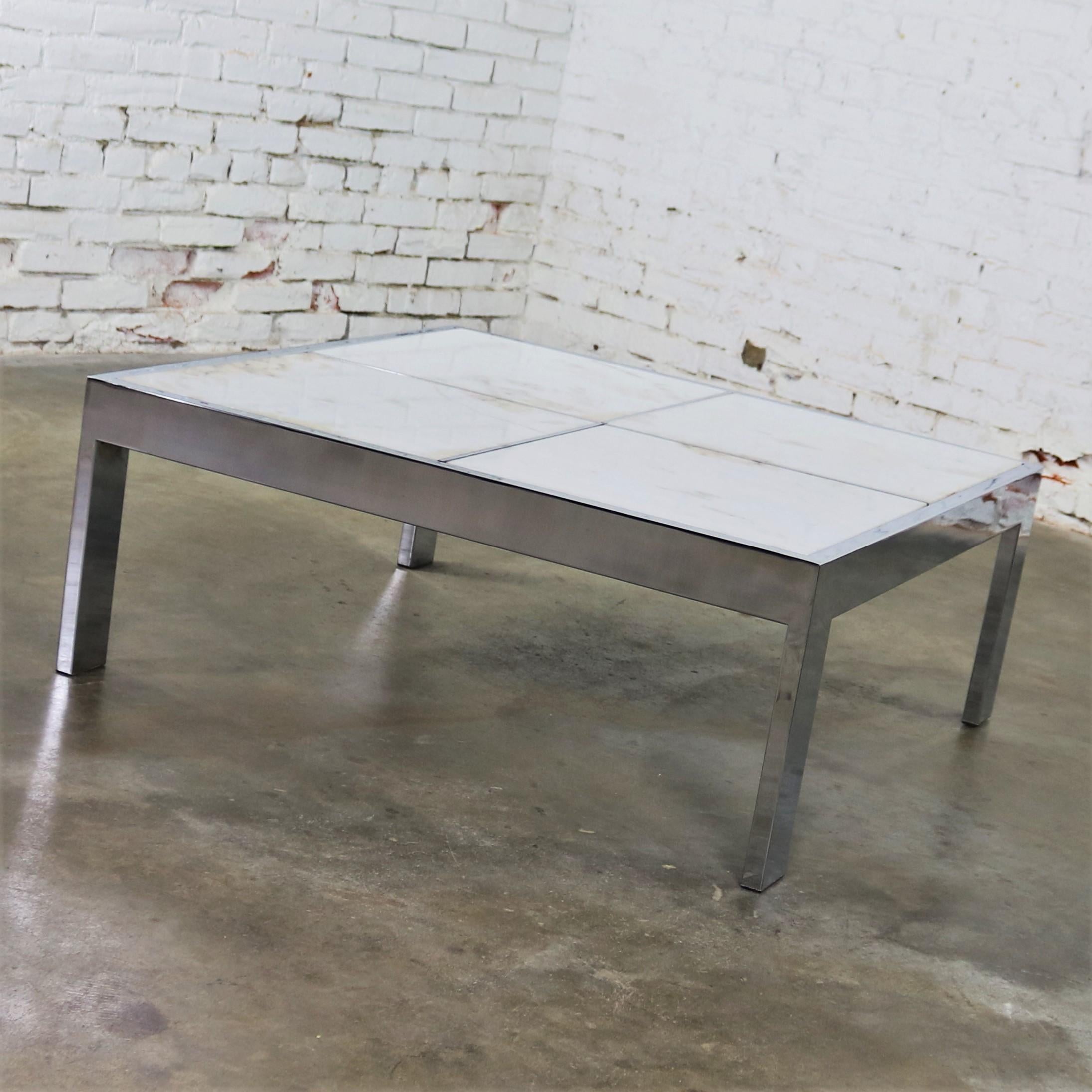 20th Century Modern Chrome and White Marble Coffee Table Attributed to the Pace Collection For Sale