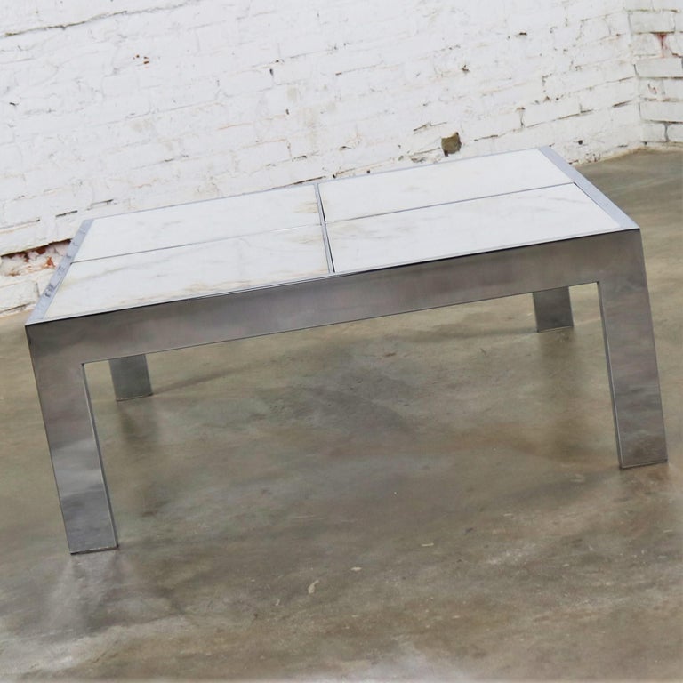 Modern Chrome and White Marble Coffee Table Attributed to the Pace Collection In Good Condition For Sale In Topeka, KS
