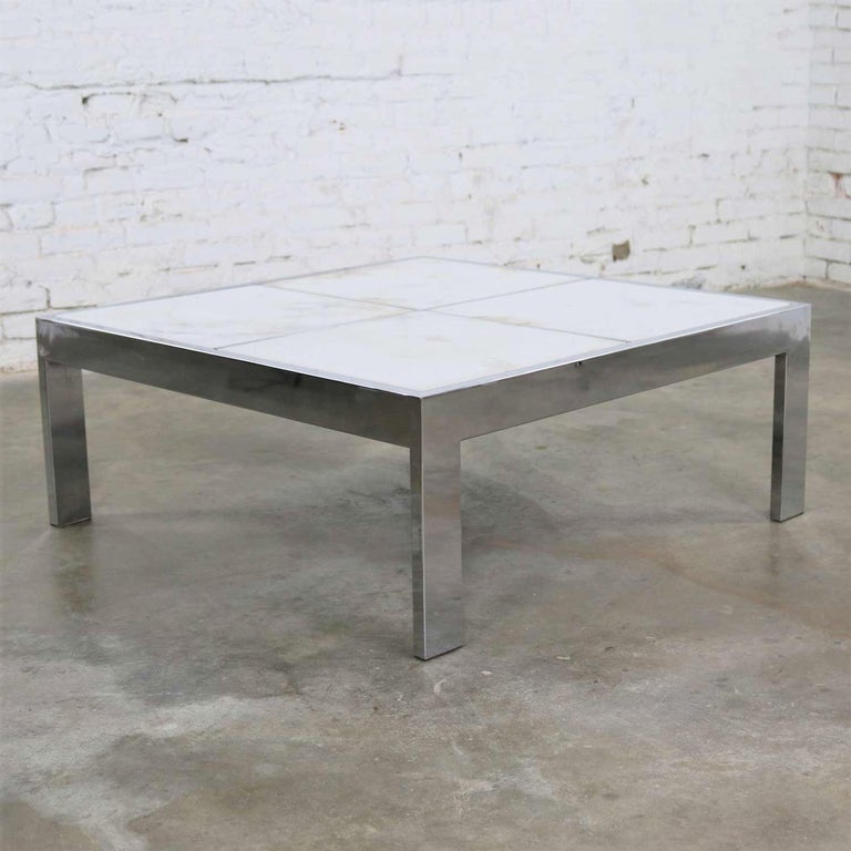 Modern Chrome and White Marble Coffee Table Attributed to the Pace Collection For Sale 1