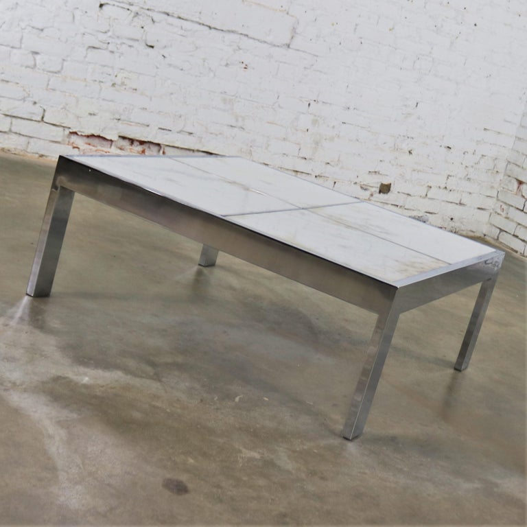 Modern Chrome and White Marble Coffee Table Attributed to the Pace Collection For Sale 3