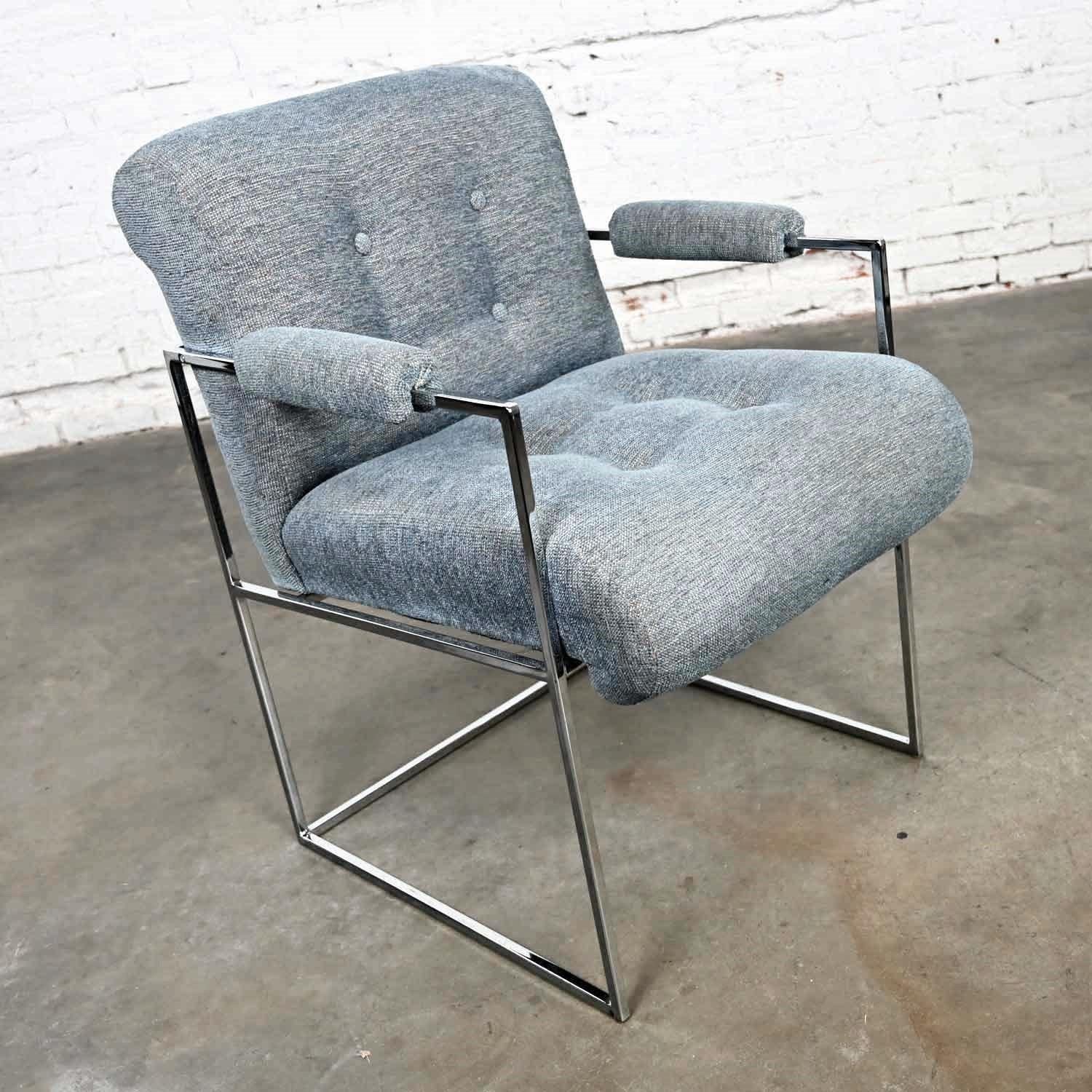 Handsome vintage modern chrome frame & original blue gray fabric with button detail Thin Line armchair by Milo Baughman for Thayer Coggin. This one is missing its tag however we have identified it through online sources and measurements. Beautiful