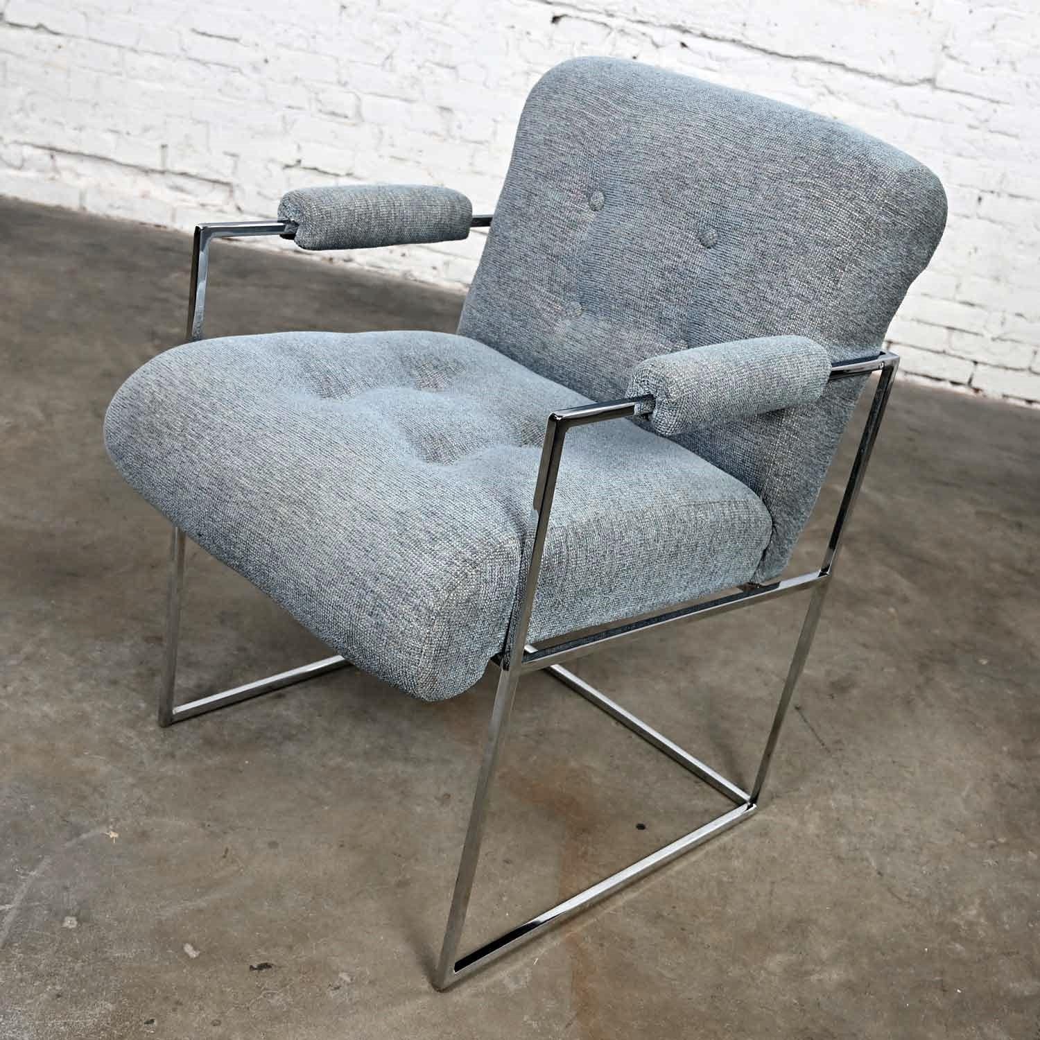 American Modern Chrome & Blue Gray Fabric Thin Line Armchair Milo Baughman Thayer Coggin For Sale