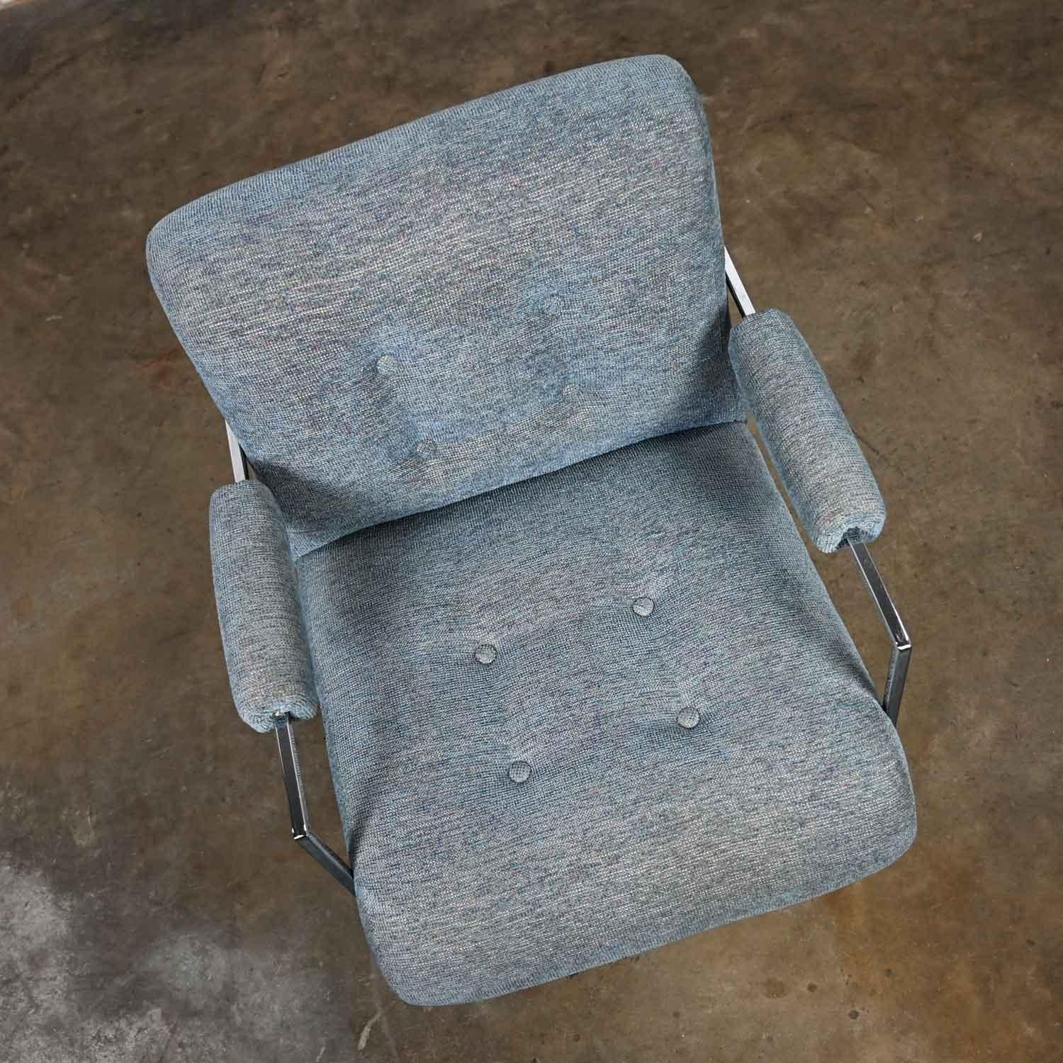 Américain Fauteuil moderne en chrome et tissu gris bleu Thin Line Milo Baughman Thayer Coggin en vente