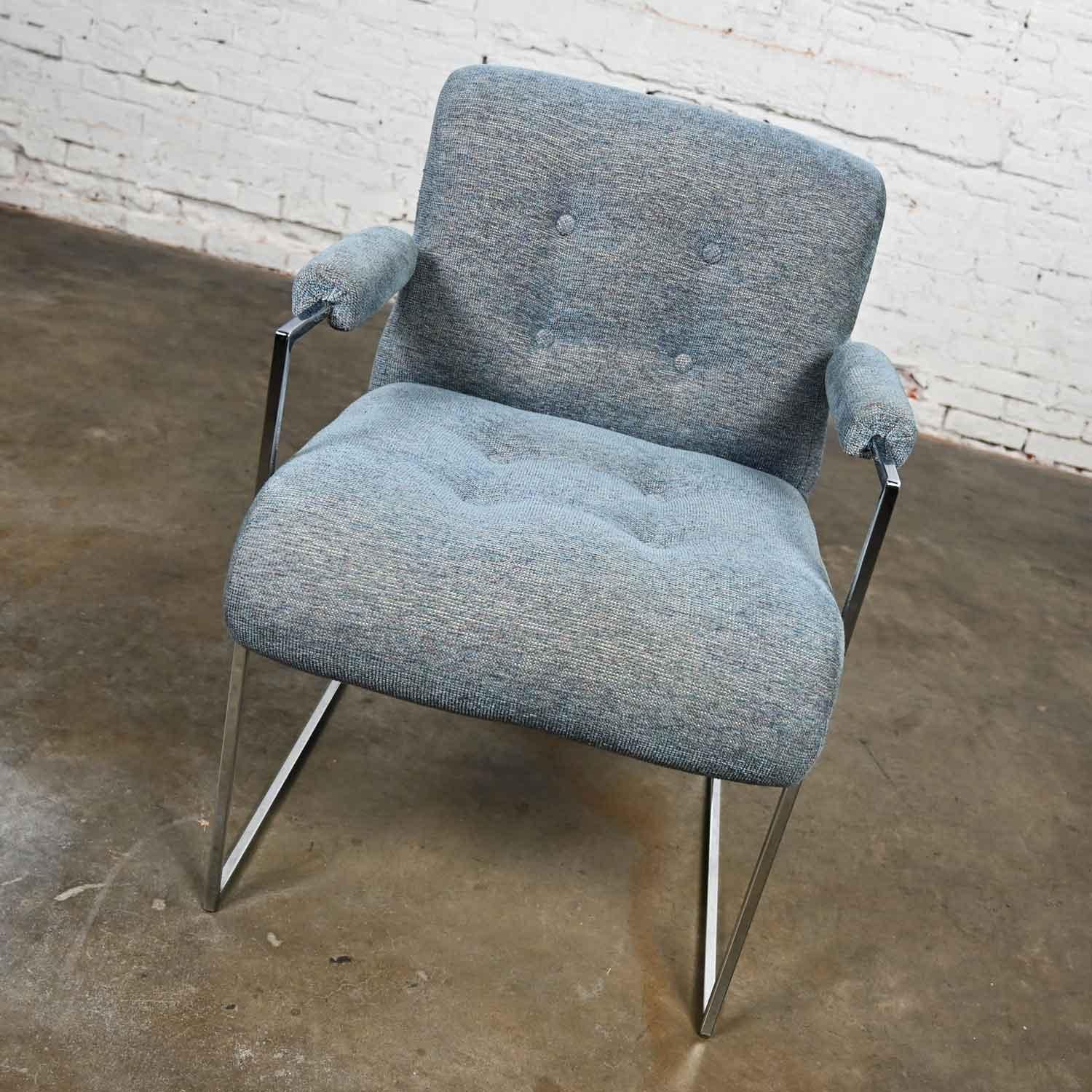 20th Century Modern Chrome & Blue Gray Fabric Thin Line Armchair Milo Baughman Thayer Coggin