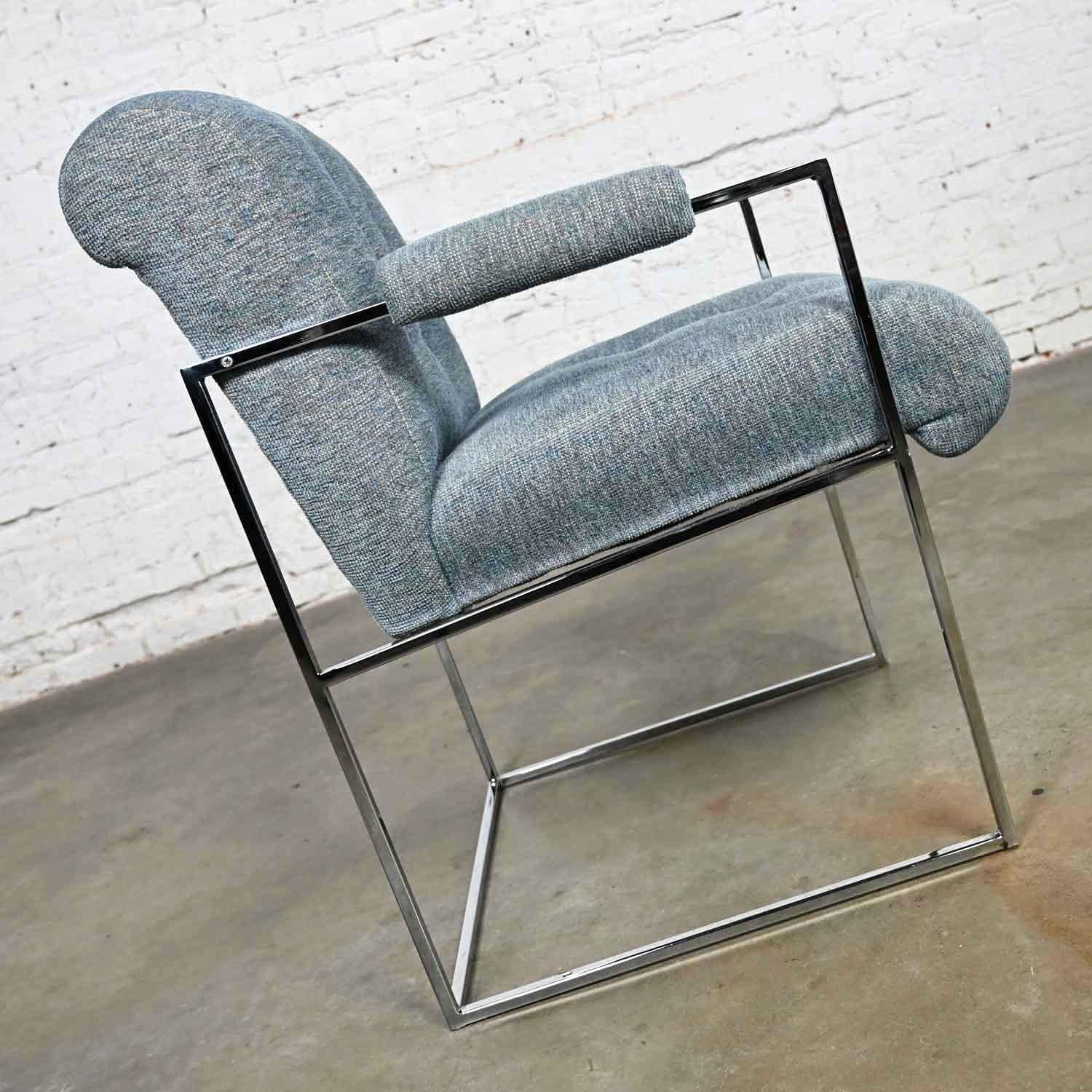 Modern Chrome & Blue Gray Fabric Thin Line Armchair Milo Baughman Thayer Coggin For Sale 3