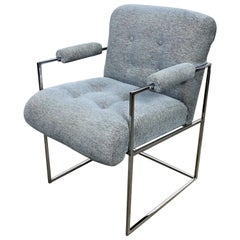 Modern Chrome & Blue Gray Fabric Thin Line Armchair Milo Baughman Thayer Coggin