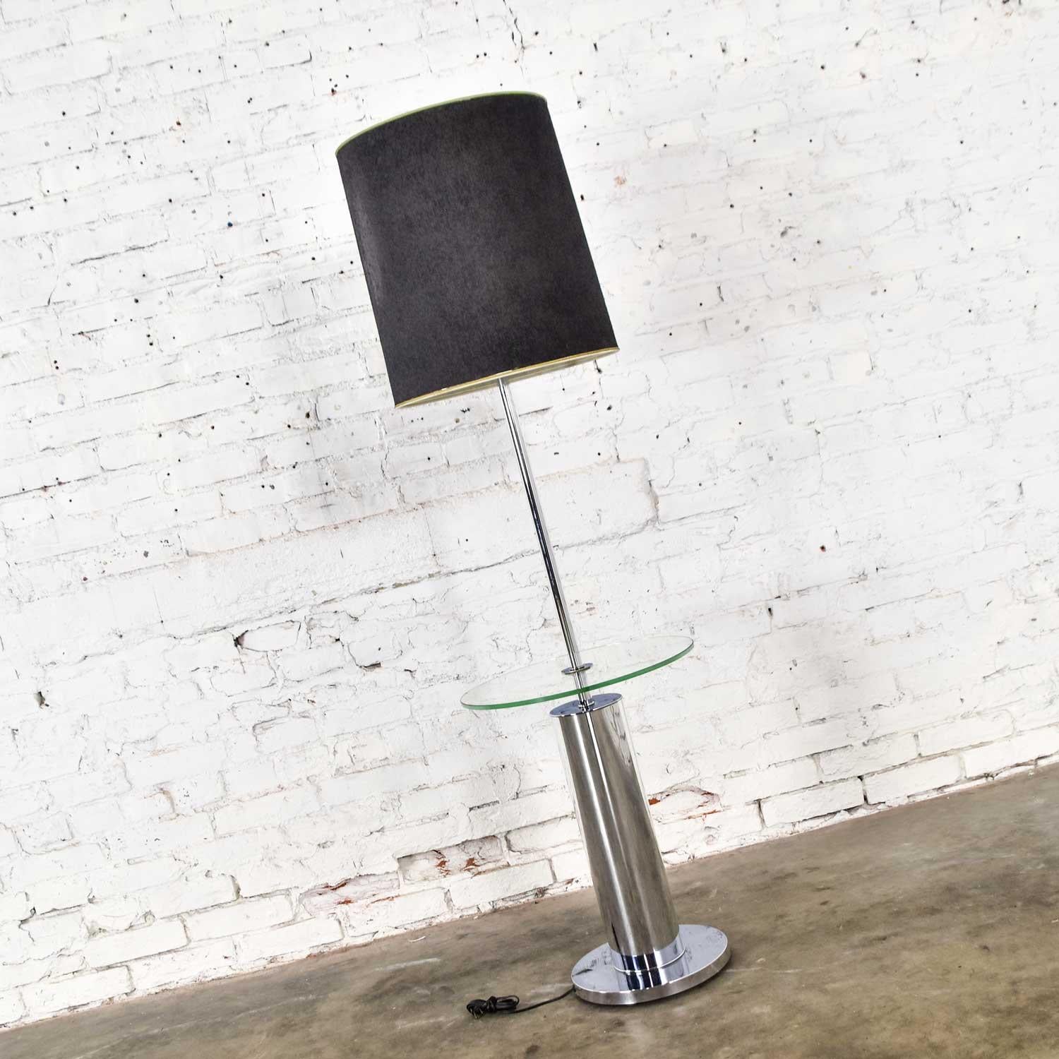 American Modern Chrome Cylinder Floor Lamp with Glass Side Table Style of George Kovacs For Sale