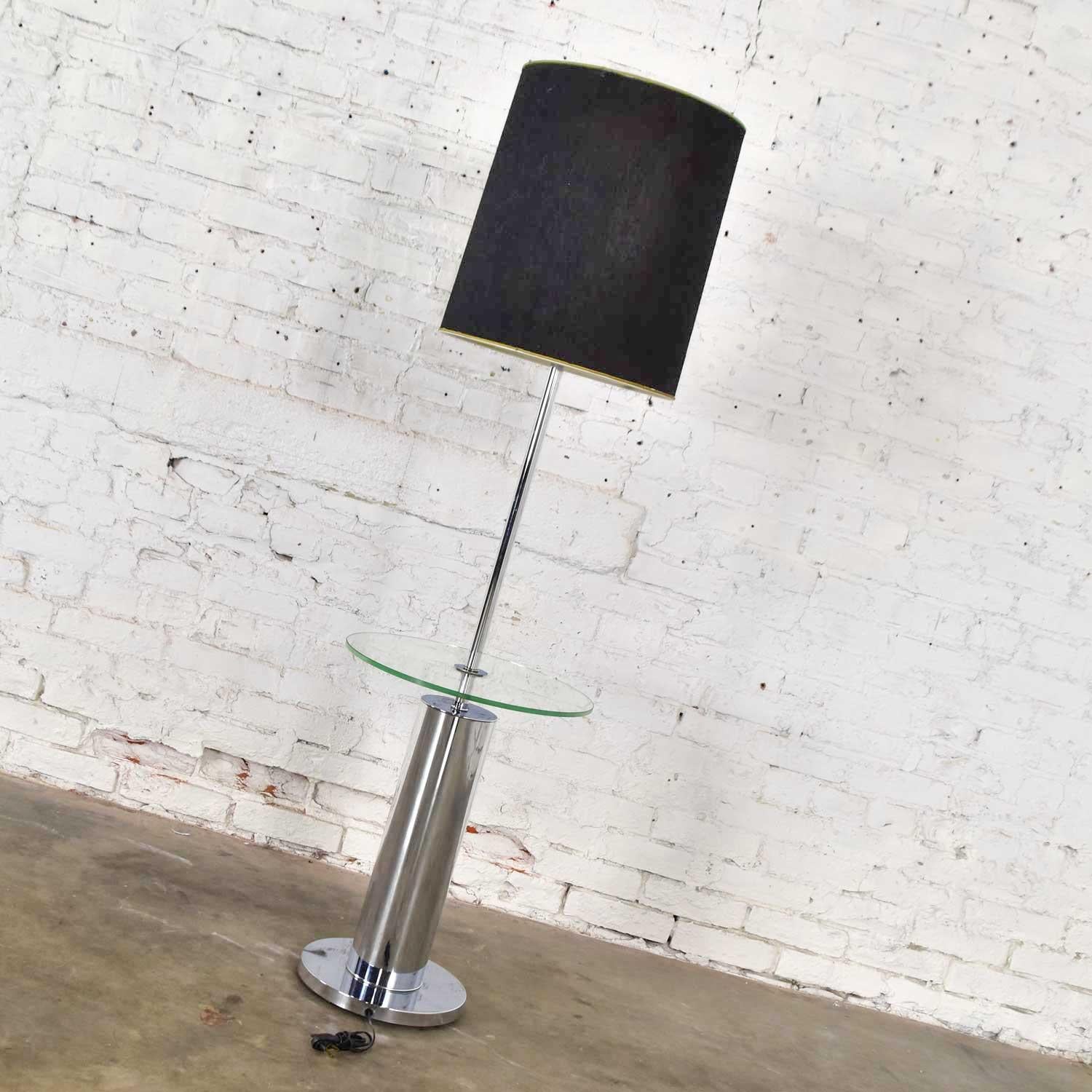 Polished Modern Chrome Cylinder Floor Lamp with Glass Side Table Style of George Kovacs For Sale