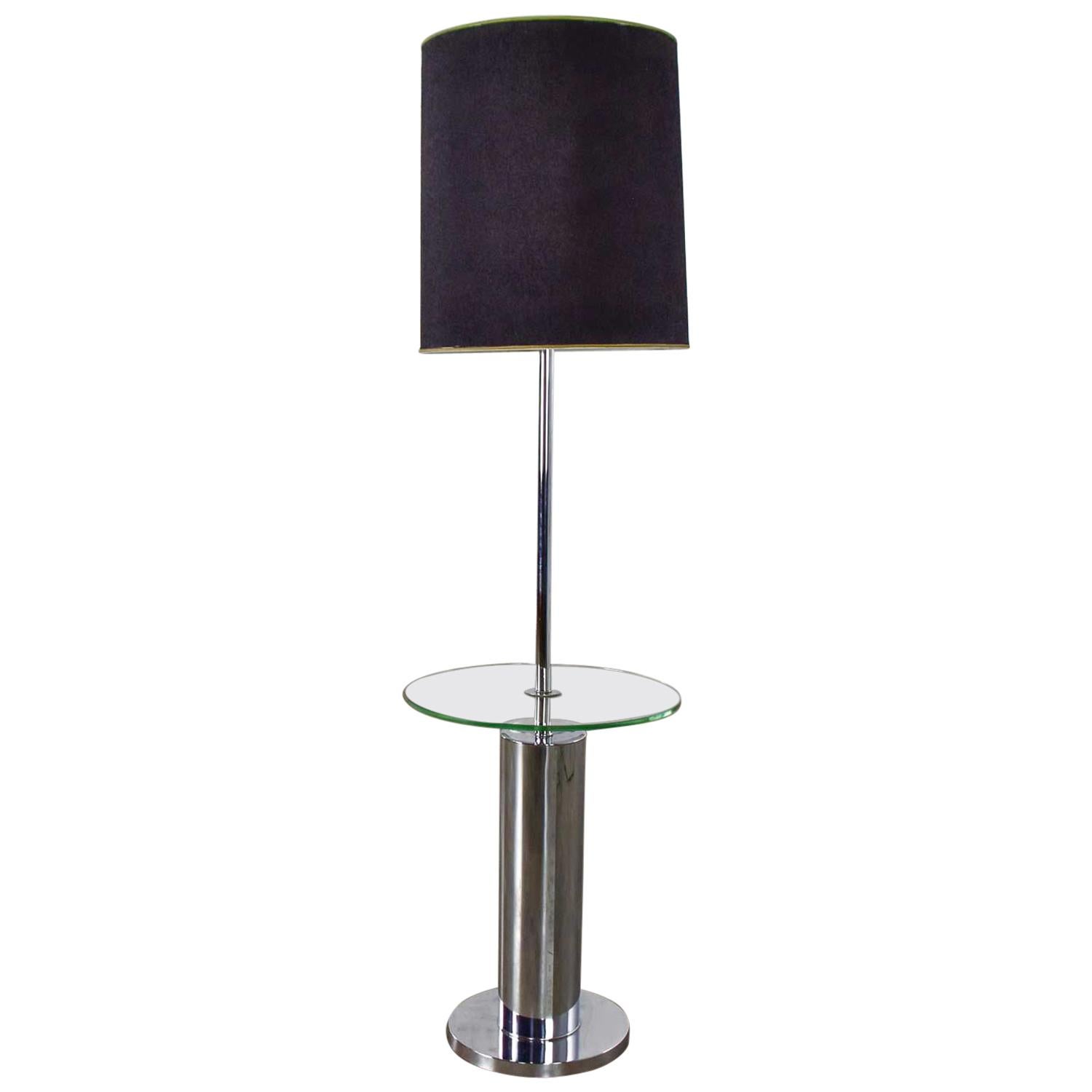 Lampadaire cylindrique chromé avec table d'appoint en verre style George Kovacs
