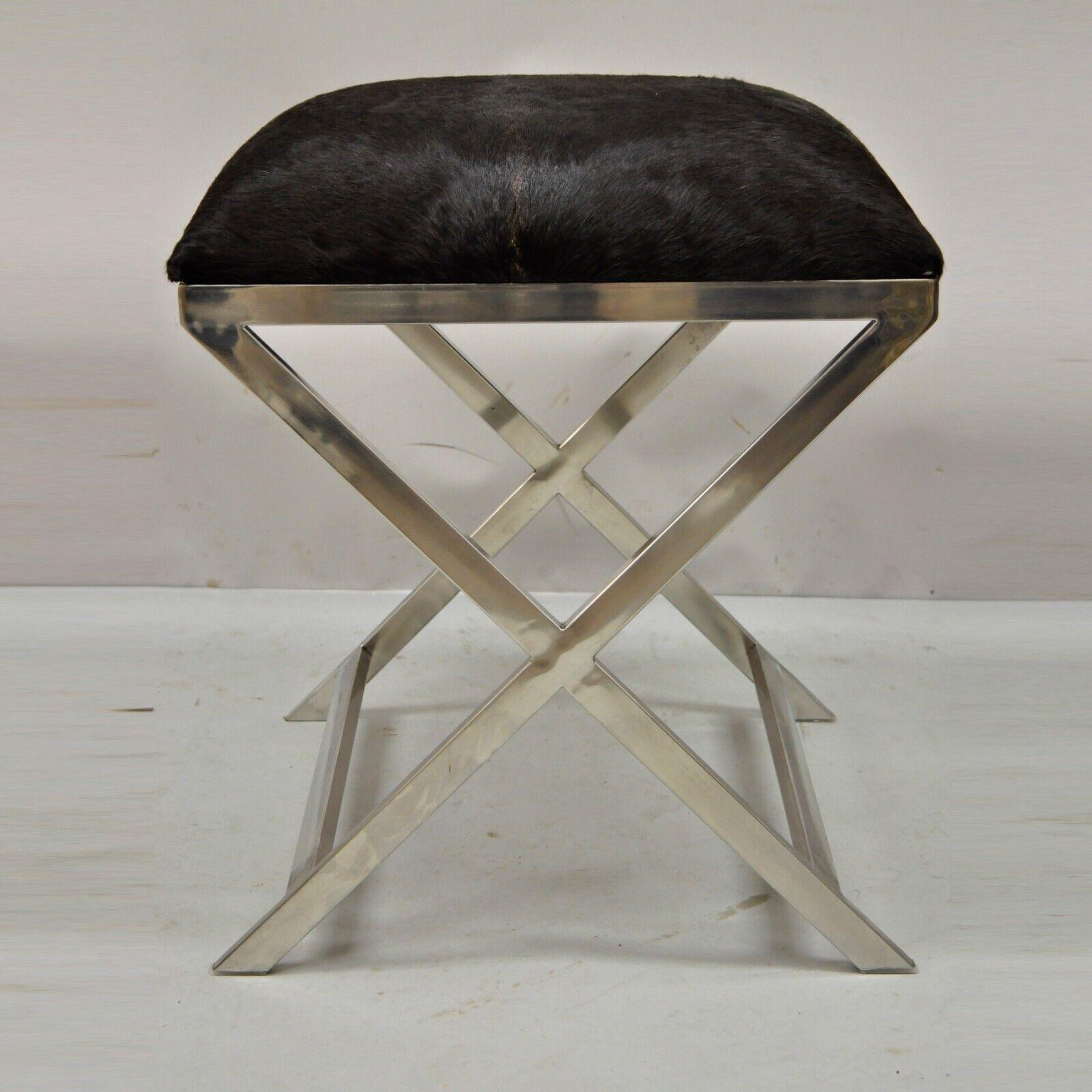 Modern Chrome Frame X-Frame Metal Stool with Cowhide Upholstery 7