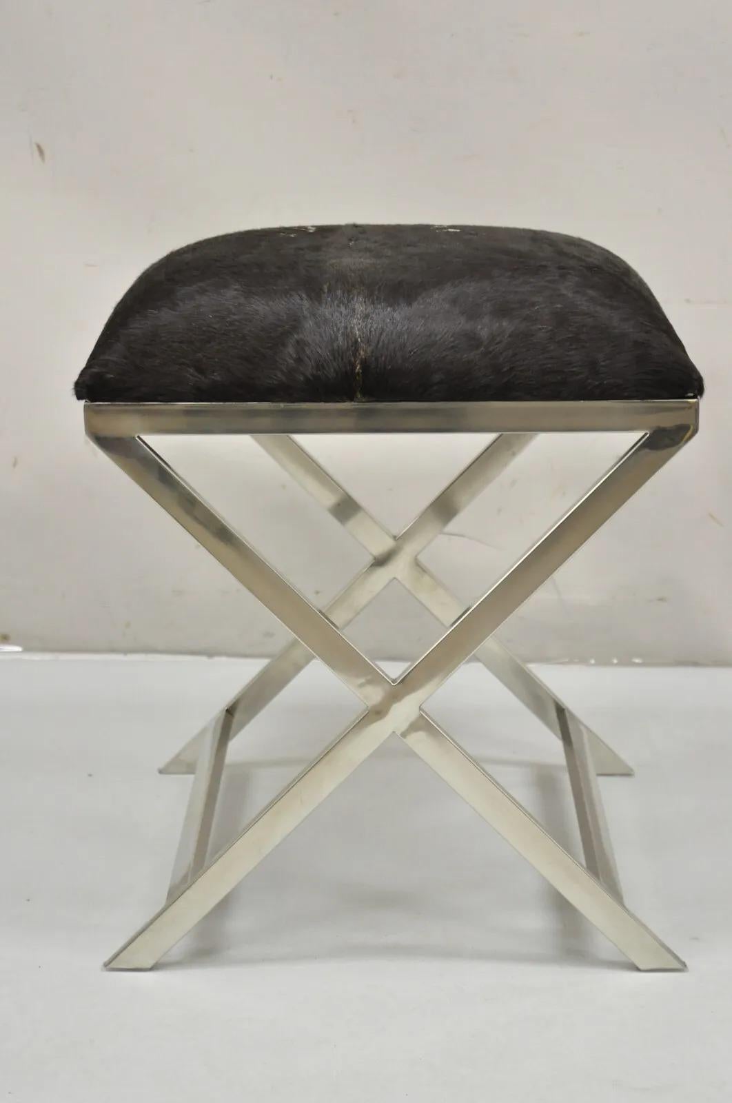 Modern Chrome Frame X-Frame Metal Stool with Cowhide Upholstery For Sale 7