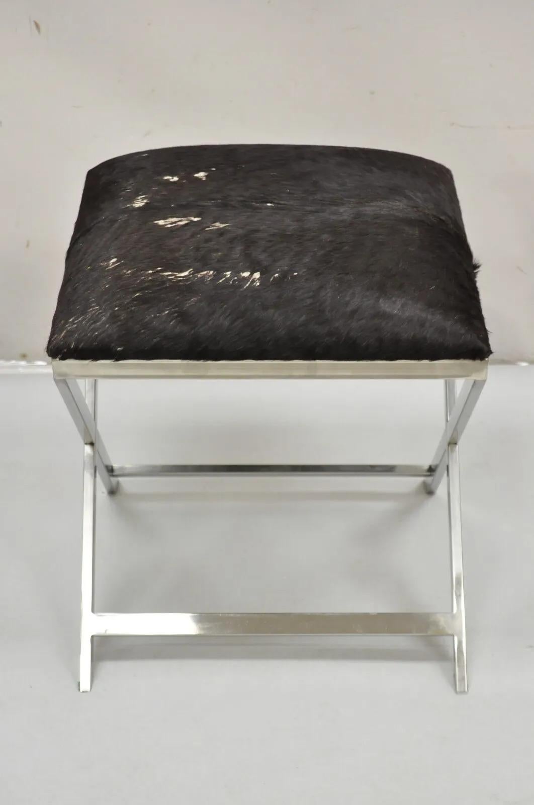 Modern Chrome Frame X-Frame Metal Stool with Cowhide Upholstery For Sale 4