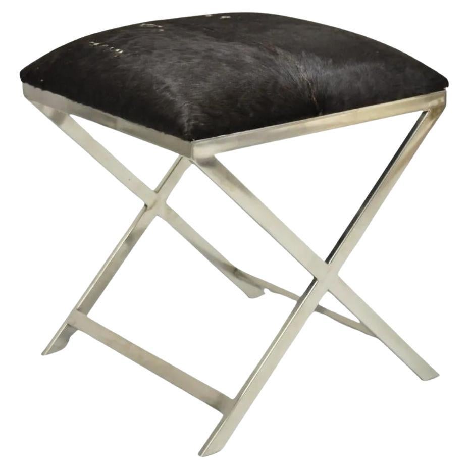 Modern Chrome Frame X-Frame Metal Stool with Cowhide Upholstery For Sale