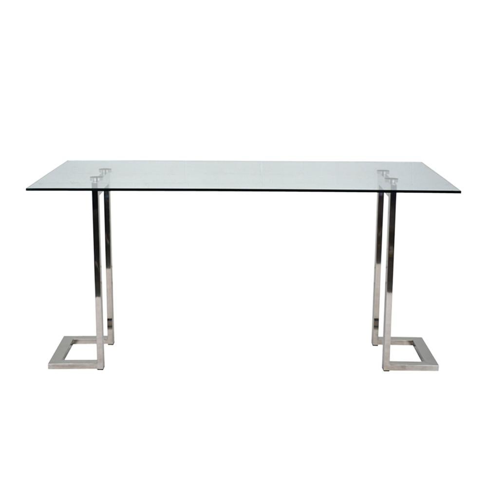 This stylish modern dining table features a clear 3/8 inch thick tempered glass top. The chrome L shaped pedestal legs give this table a unique look. The glass is separated from the legs by two circular chrome dividers giving the table a slick,