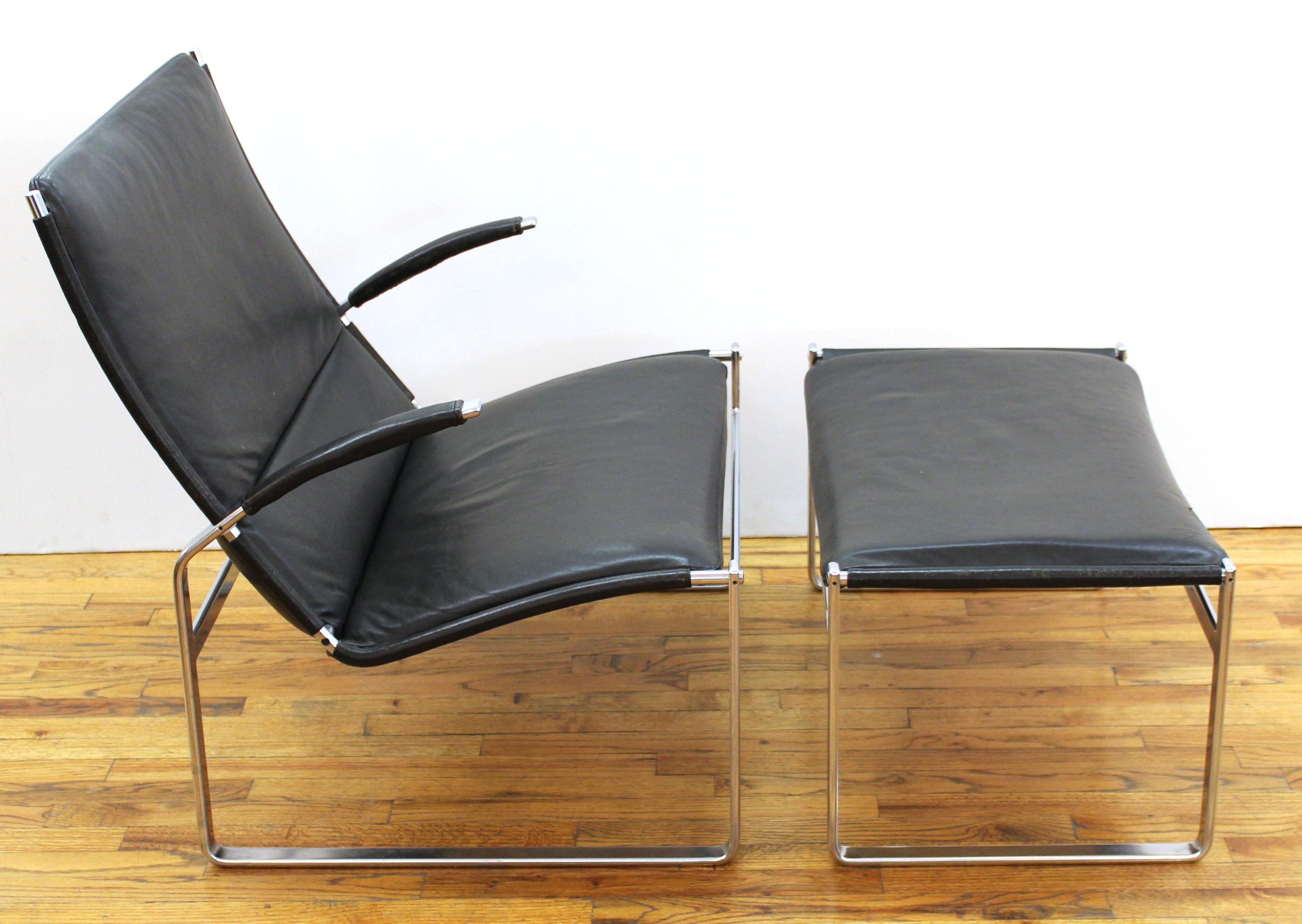 20th Century Modern Chrome Lounge Chair & Ottoman in Leather