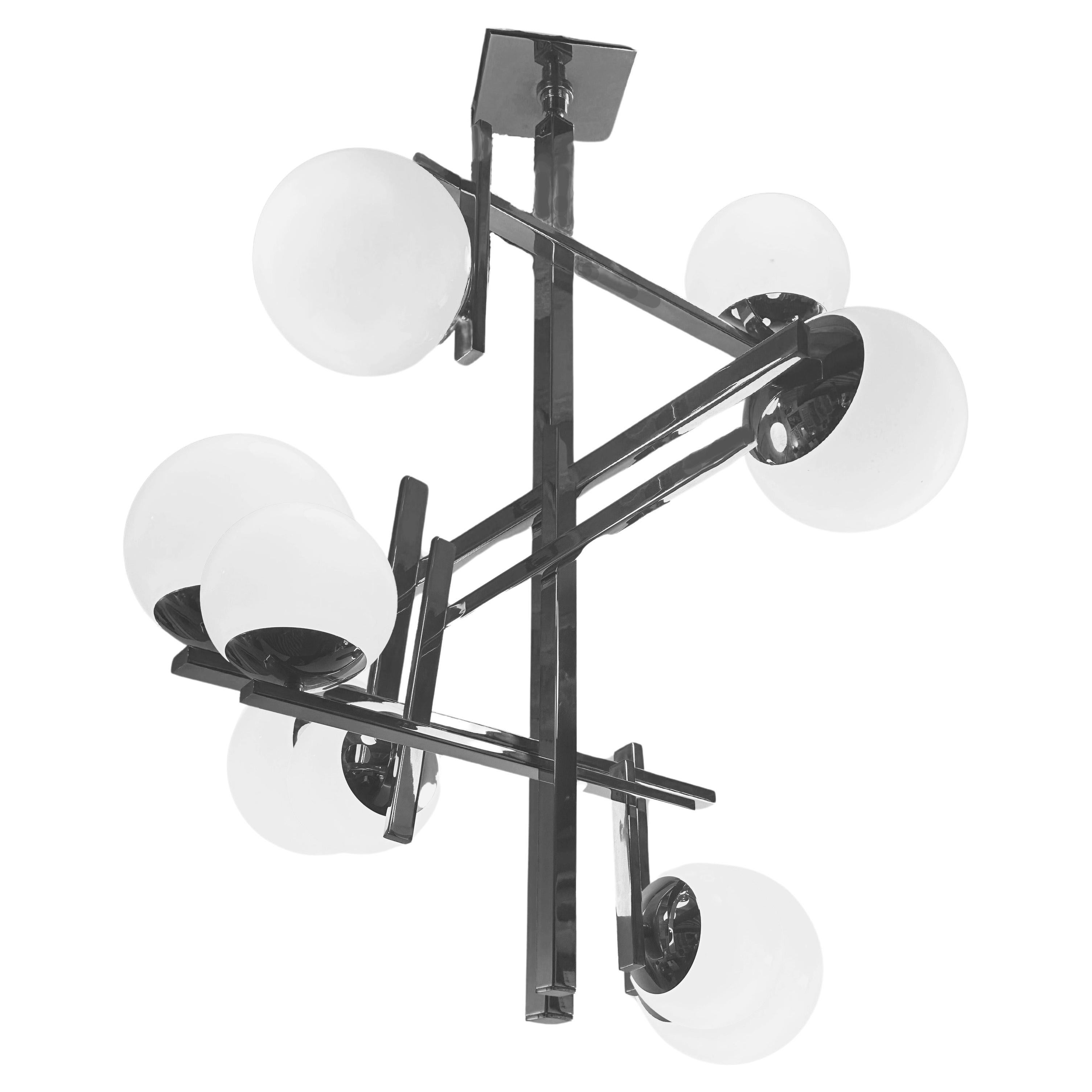 Modern Chrome Pendant Lighting with 6 Glass Globes For Sale