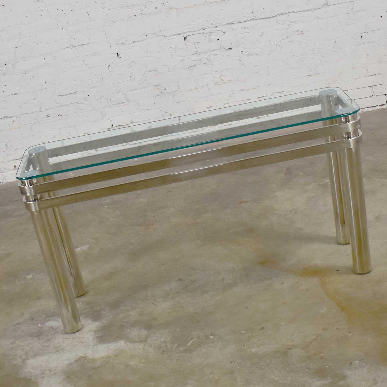 North American Modern Chrome Rectangle Console Sofa Table Glass Top Style Pace or Karl Springer For Sale