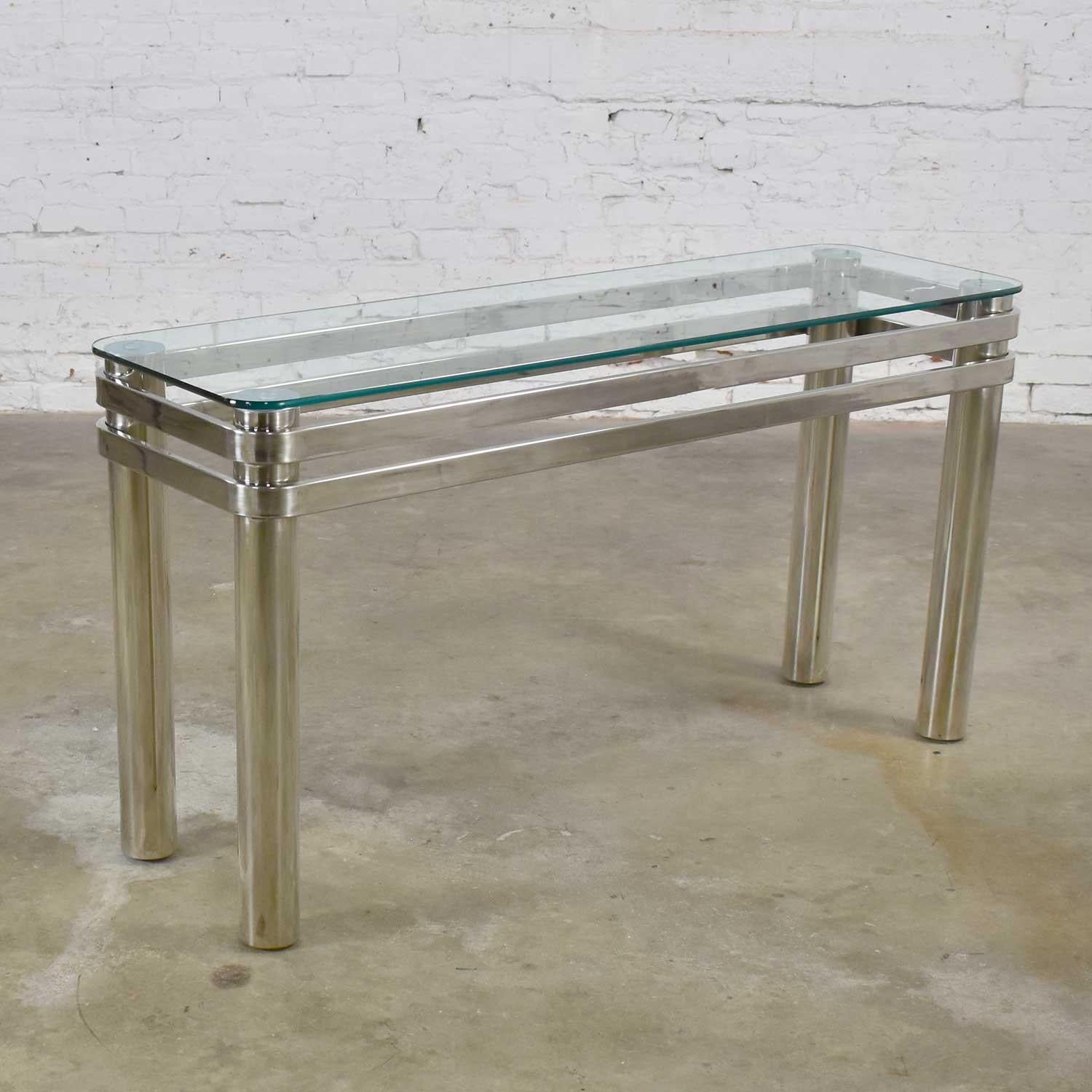 20th Century Modern Chrome Rectangle Console Sofa Table Glass Top Style Pace or Karl Springer For Sale