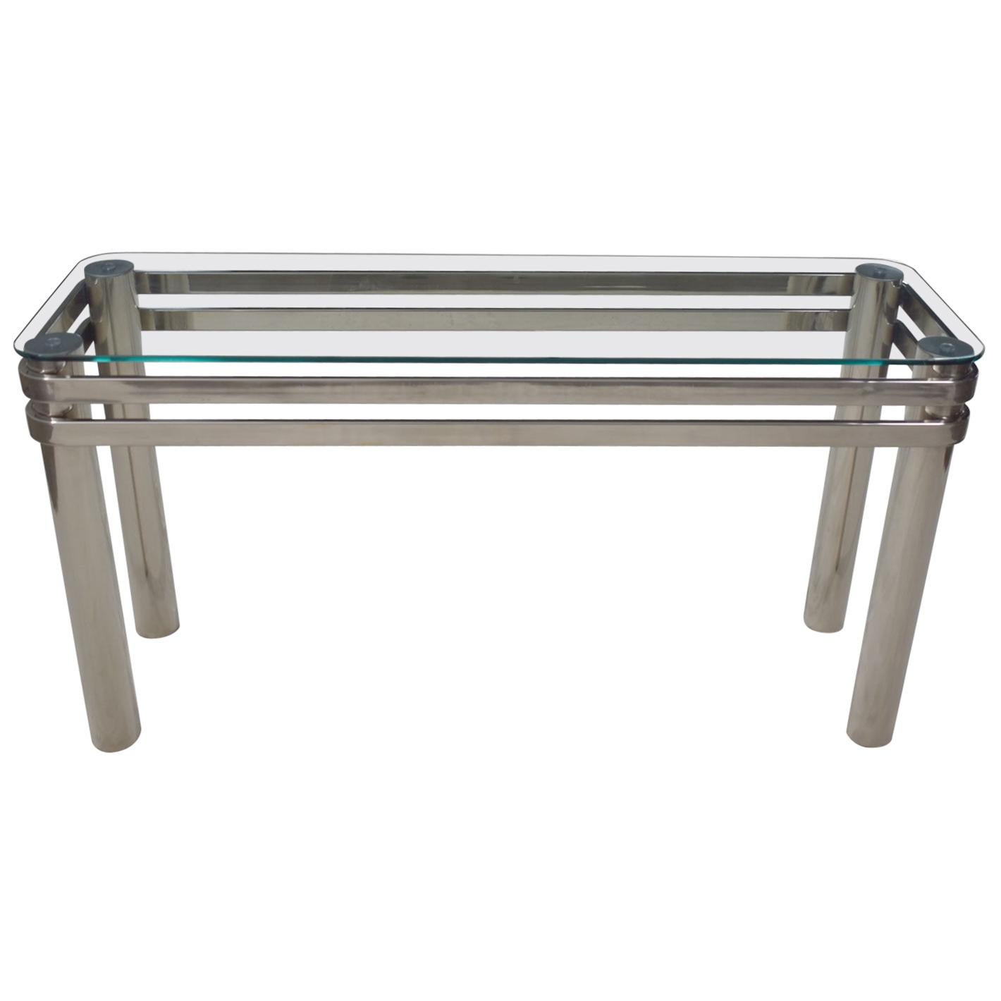 Modern Chrome Rectangle Console Sofa Table Glass Top Style Pace or Karl Springer