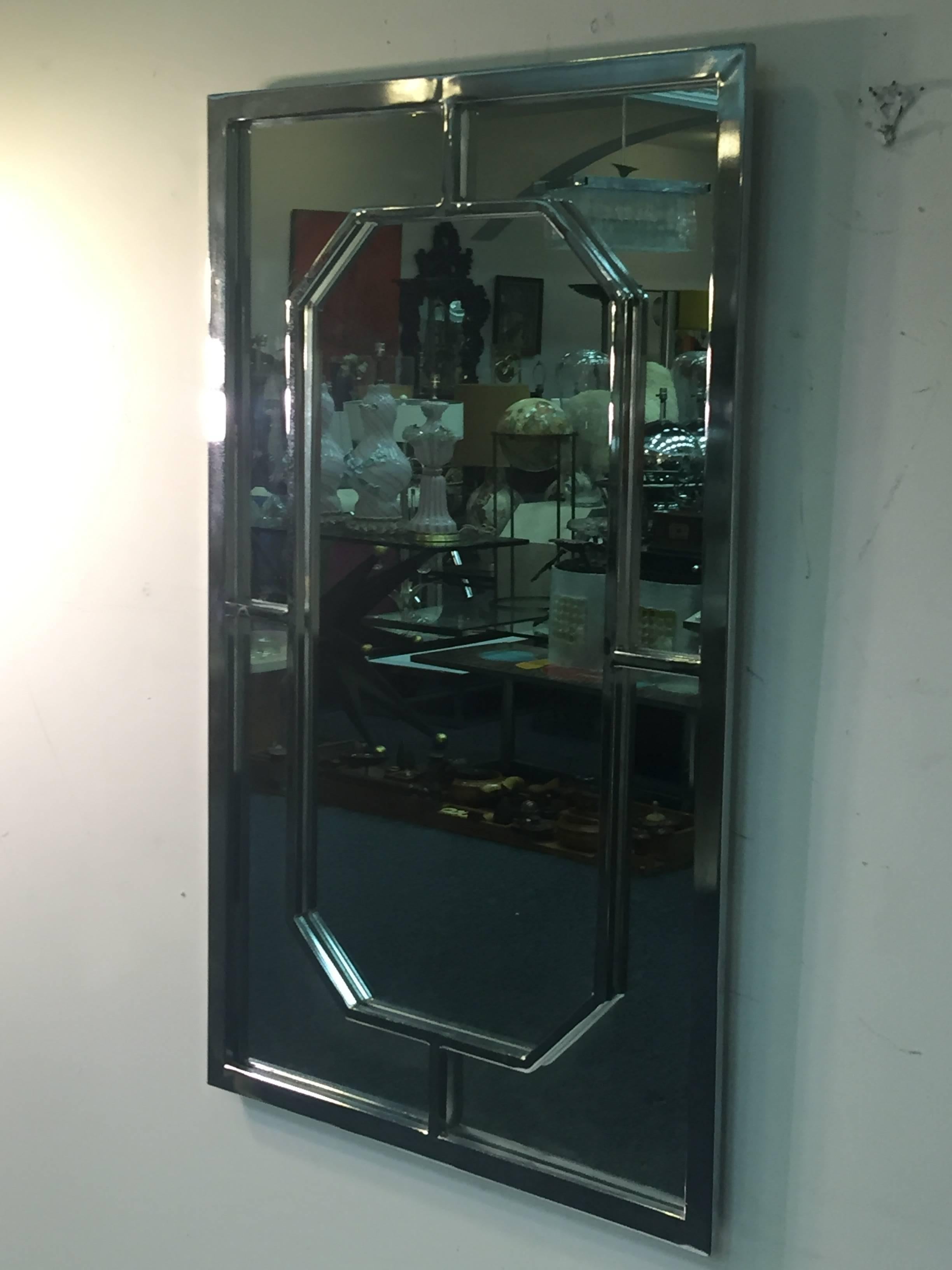 Late 20th Century Modern Chrome Rectangular Mirror with Octagonal Center For Sale