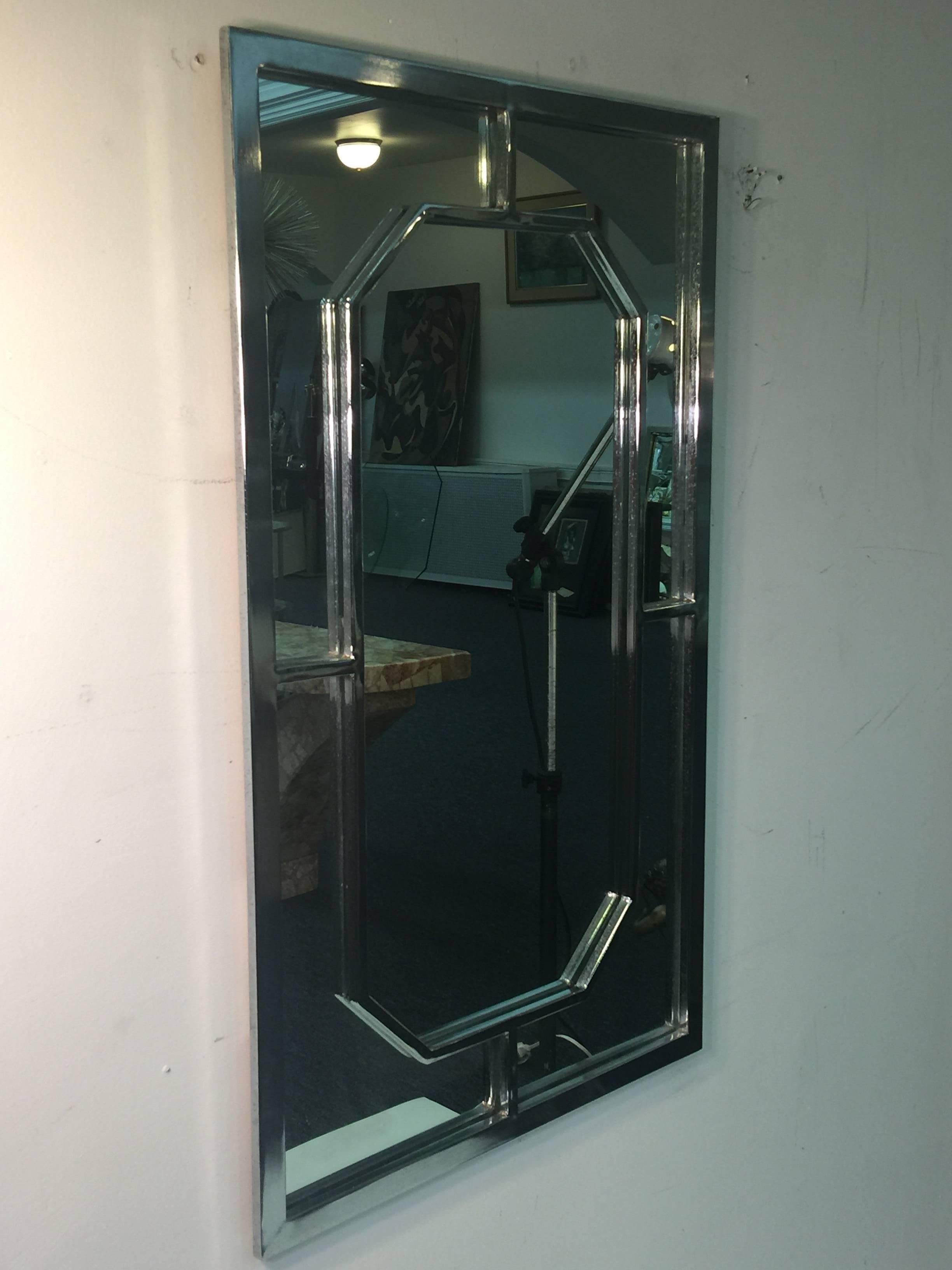 Modern Chrome Rectangular Mirror with Octagonal Center For Sale 3