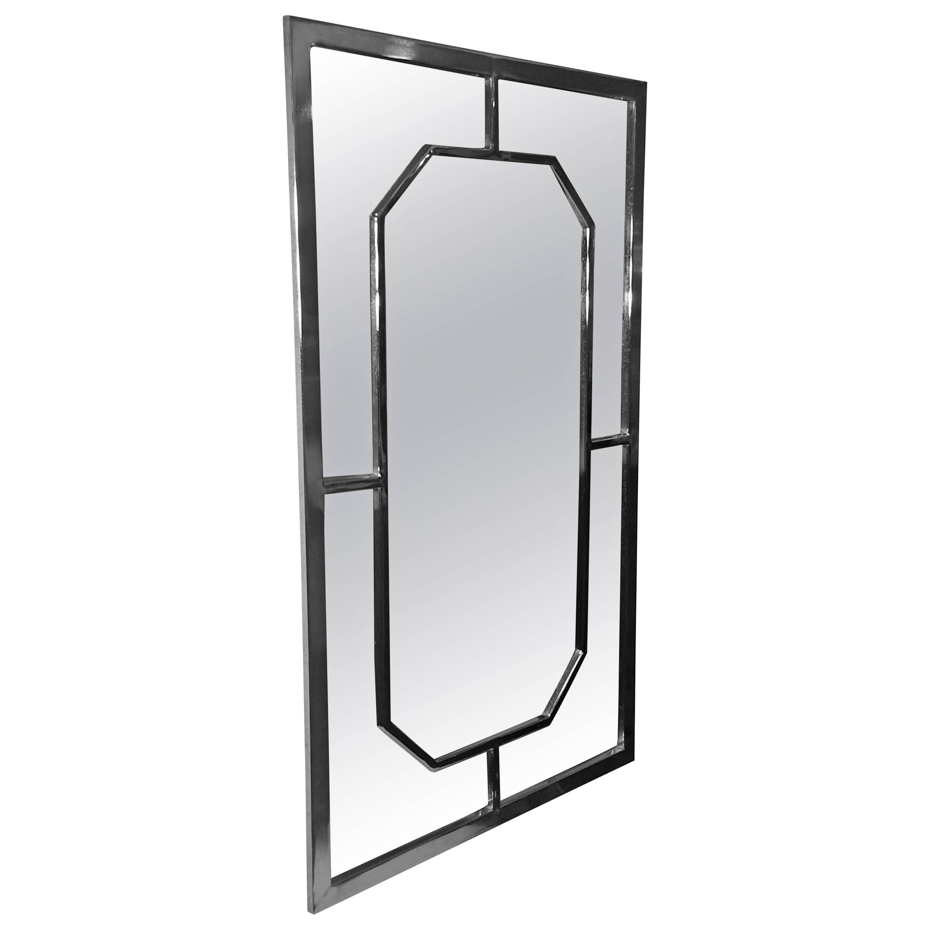 Modern Chrome Rectangular Mirror with Octagonal Center For Sale
