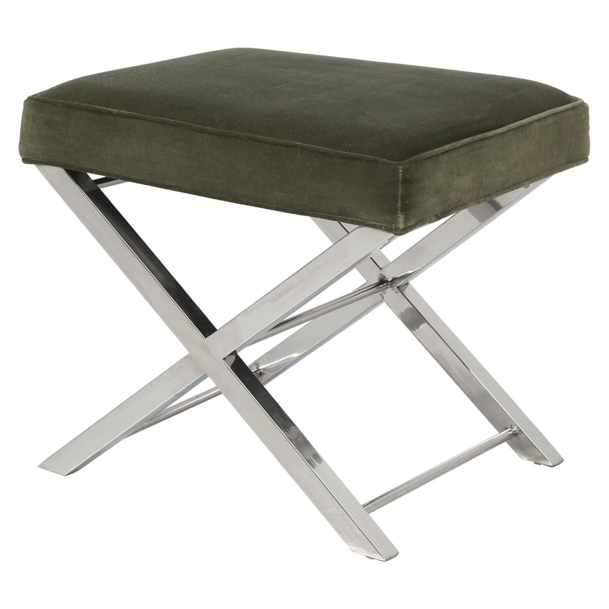 Modern Chrome Stool with Classic X-Style Frame in Original Condition For Sale
