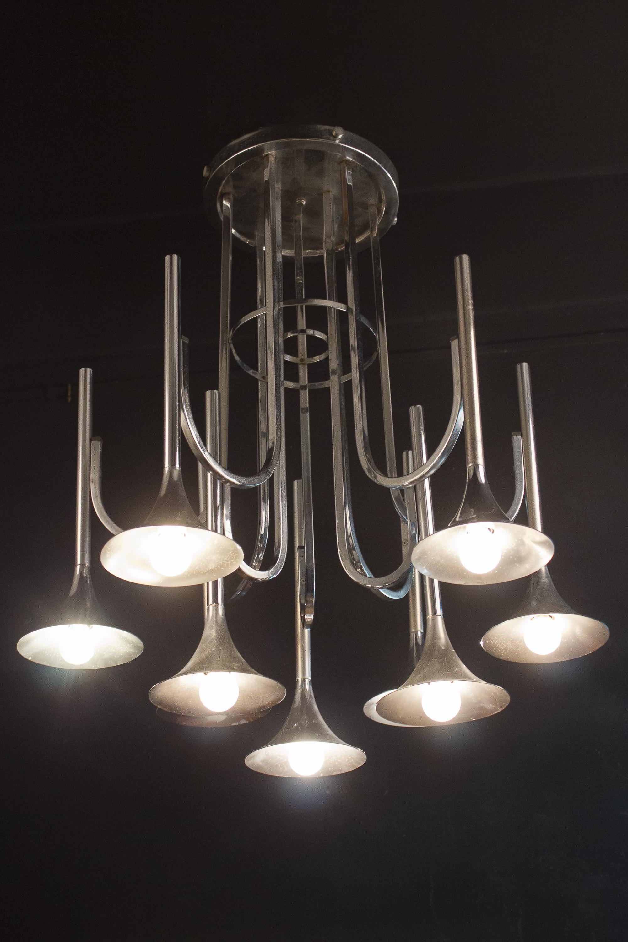 Mid-Century Modern Modern Chrome Trompet Chandelier by Goffredo Reggiani, Italy, circa 1970