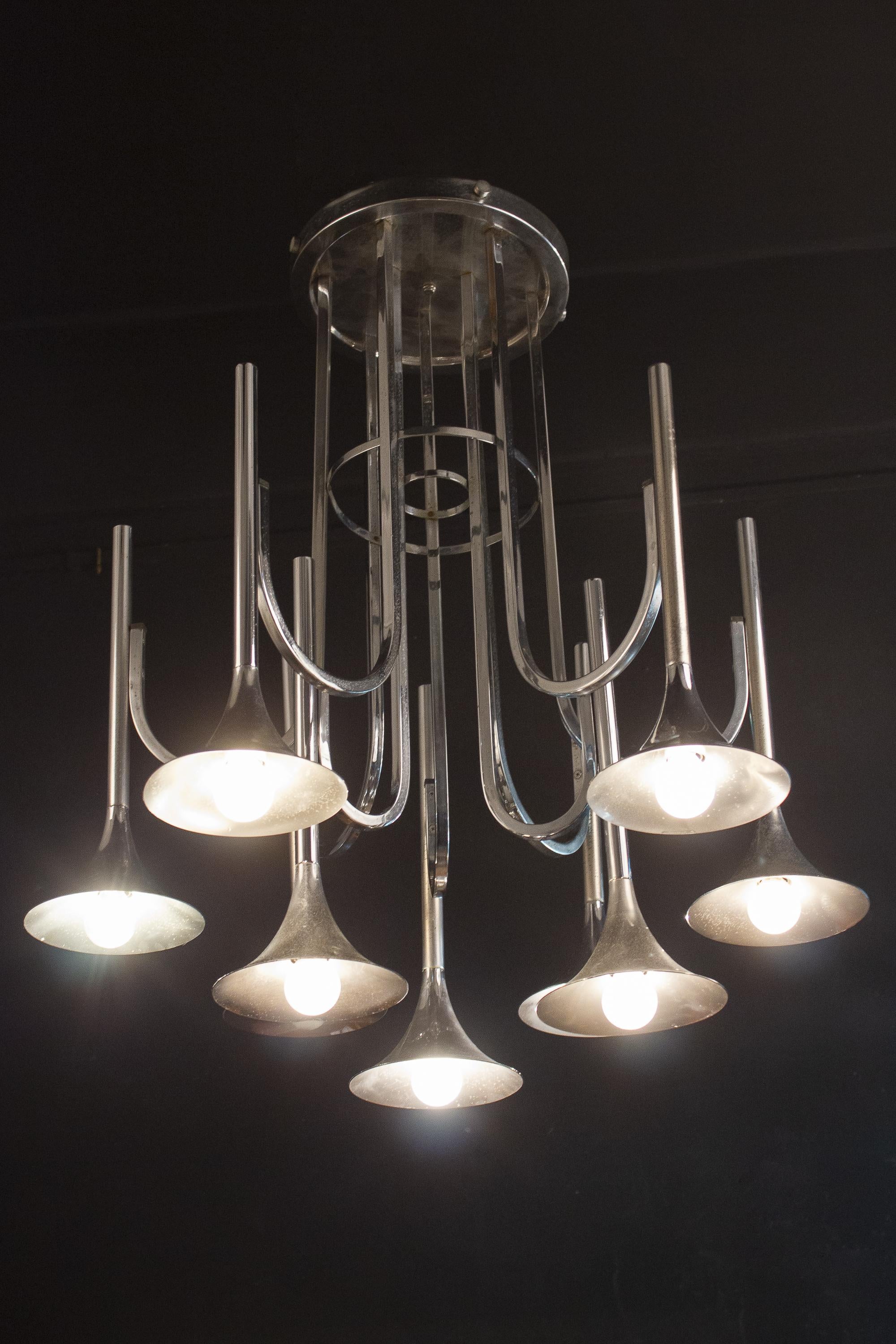 Mid-Century Modern Modern Chrome Trompet Chandelier by Goffredo Reggiani, Italy, circa 1970 For Sale