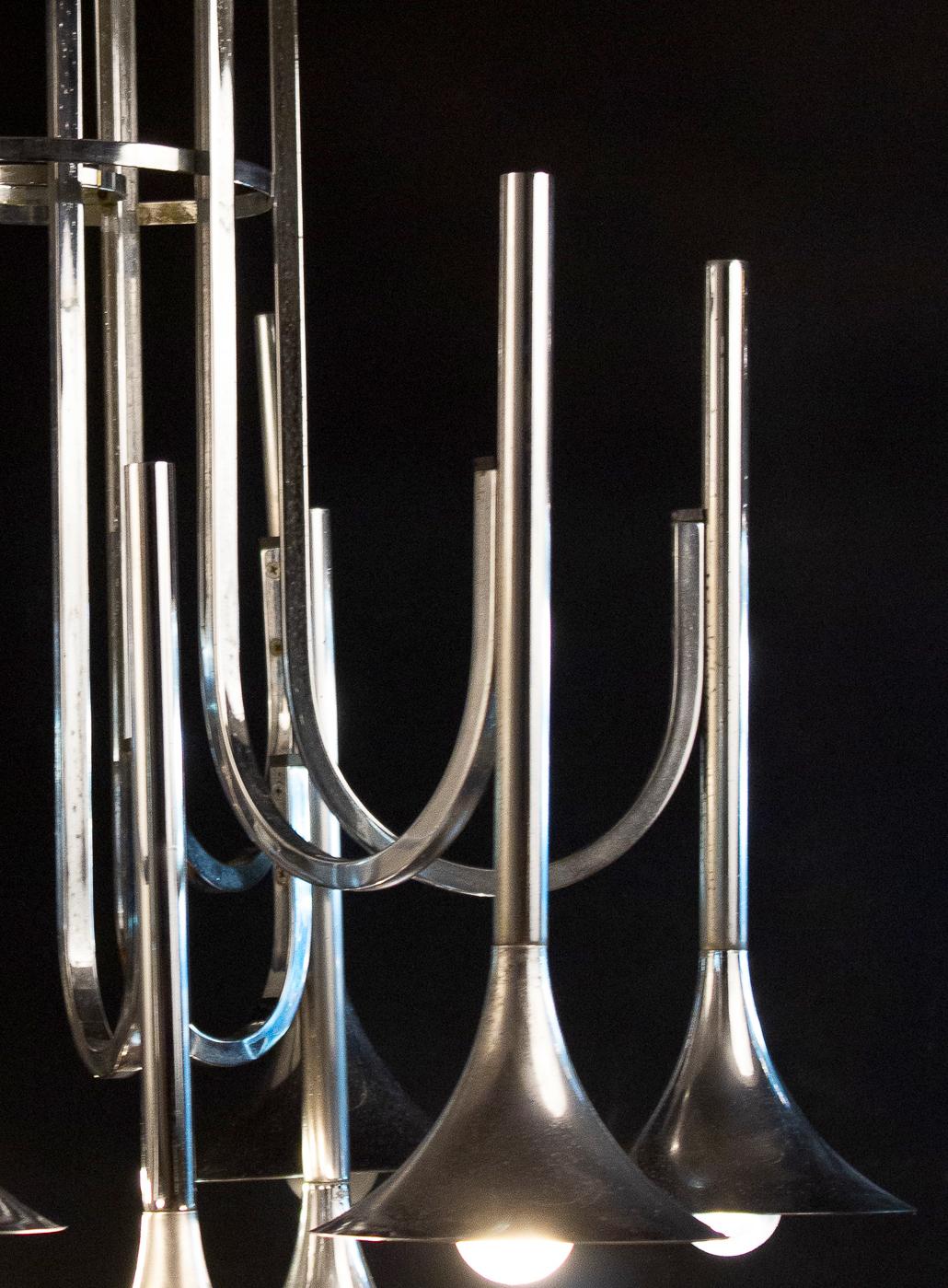 Italian Modern Chrome Trompet Chandelier by Goffredo Reggiani, Italy, circa 1970 For Sale