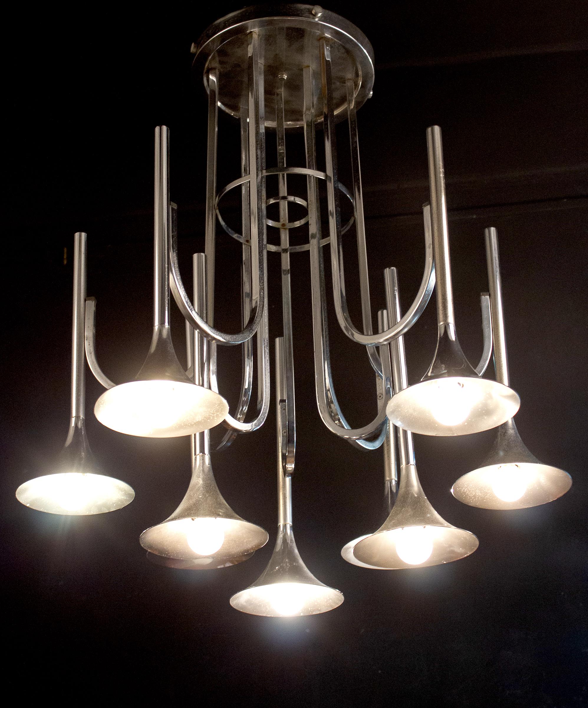 Mid-20th Century Modern Chrome Trompet Chandelier by Goffredo Reggiani, Italy, circa 1970