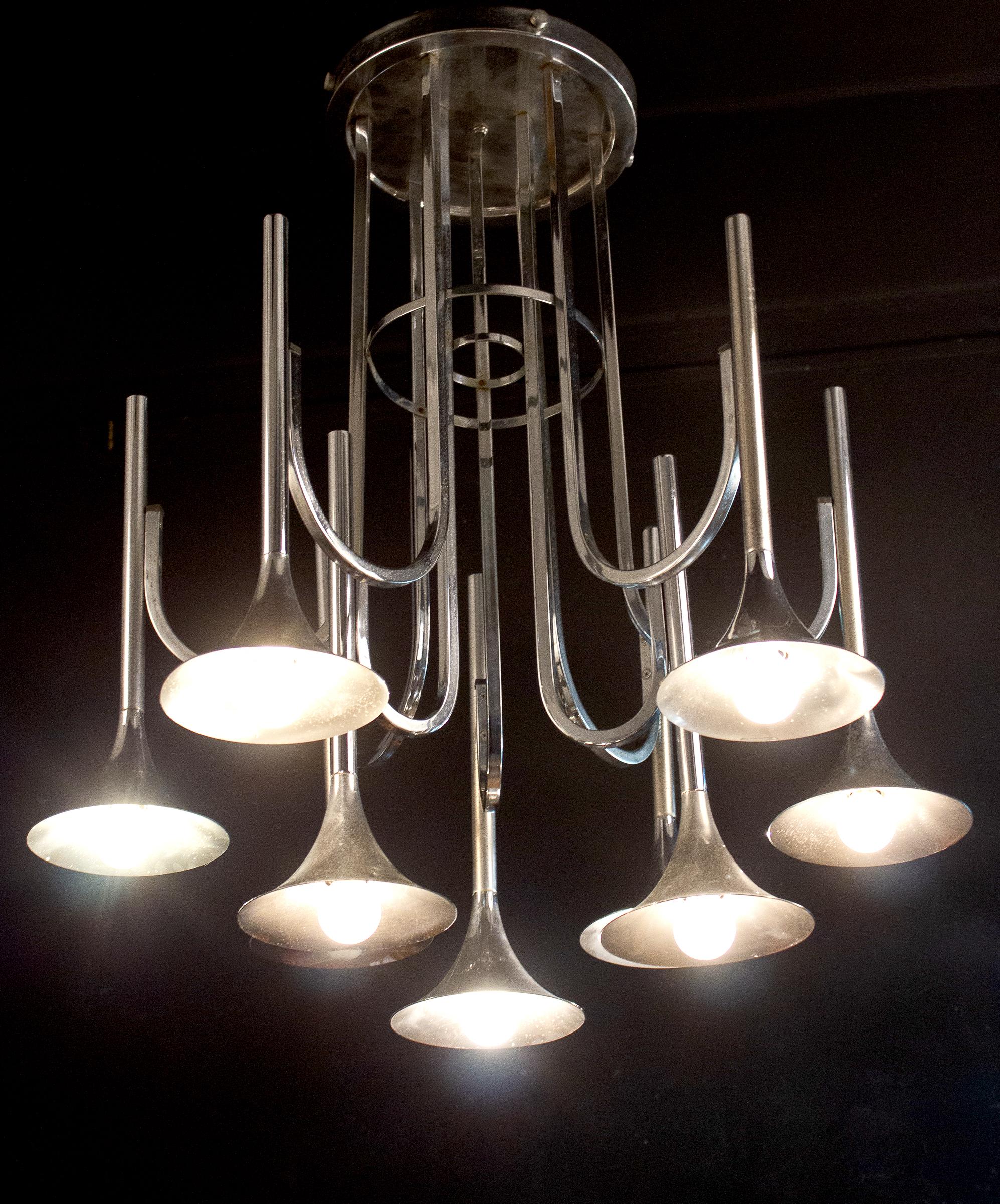 Mid-20th Century Modern Chrome Trompet Chandelier by Goffredo Reggiani, Italy, circa 1970 For Sale