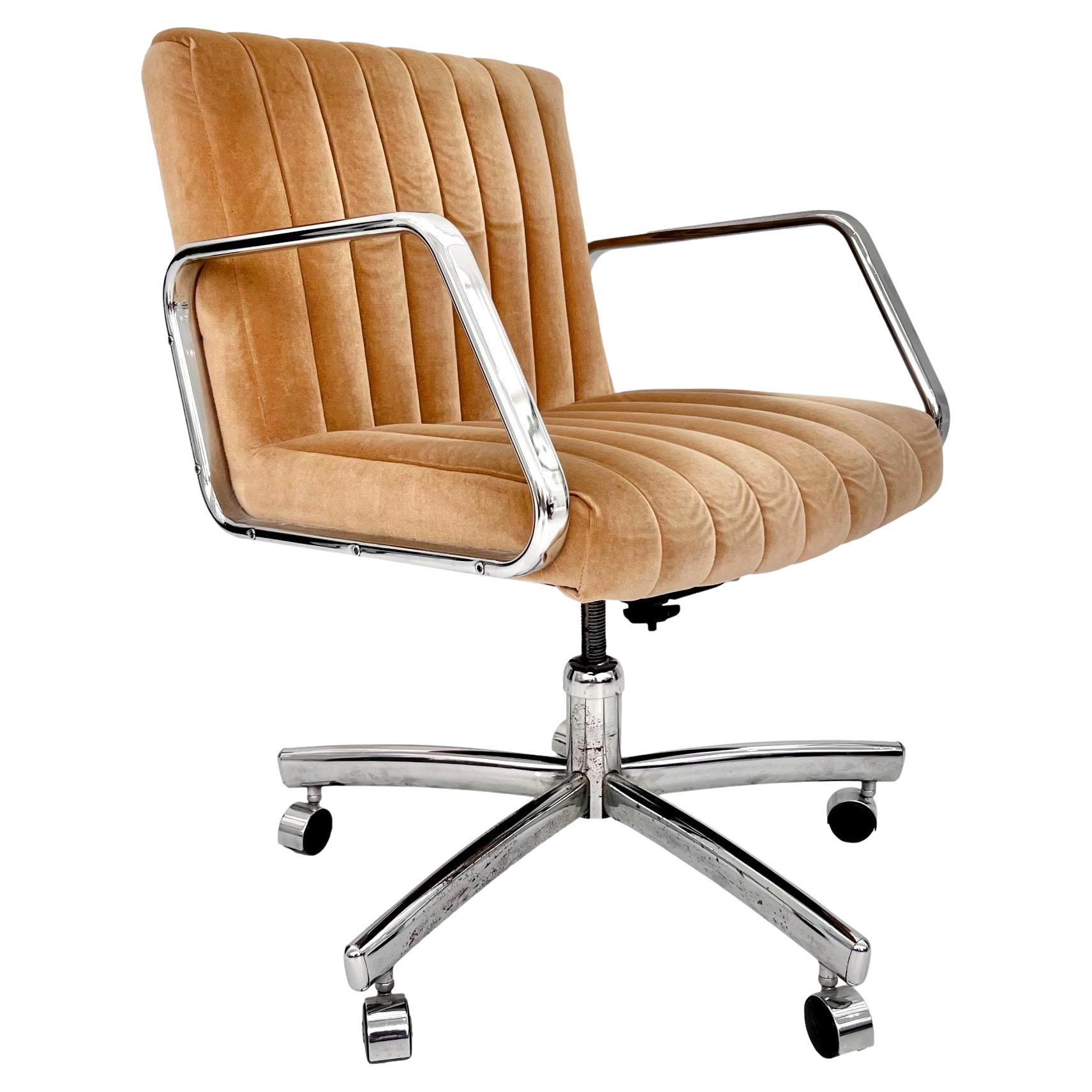 Modern Chrome & Tufted Velvet Office Chair, 1980s USA