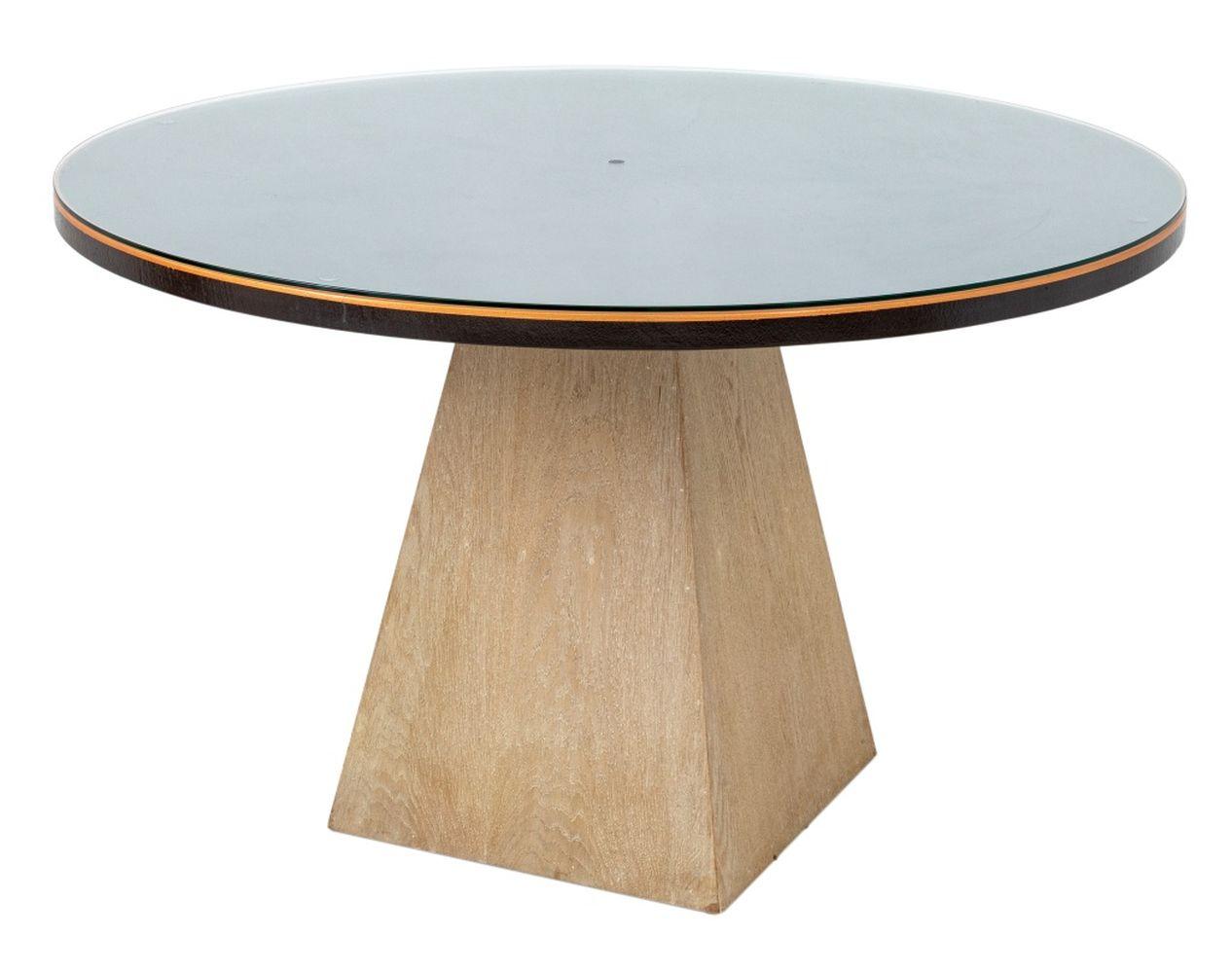Modern Circular Glass Top Dining Table, on a trapezoidal oak base. 31