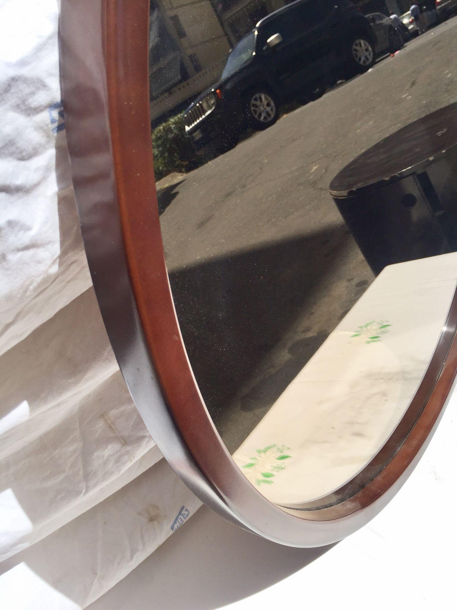 Italian Modern Circular Mirror in Brown Lacquered Wood from the 70s. Danish School Style For Sale