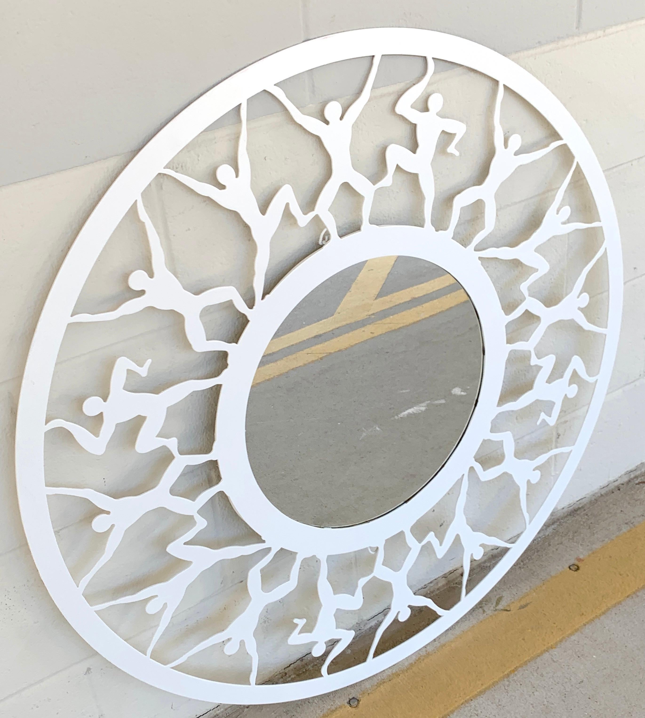 Modern circular white enameled 'Atlas' mirror, with 16 continuous figural supports, surrounding a 17.5 inch diameter inset mirror.
