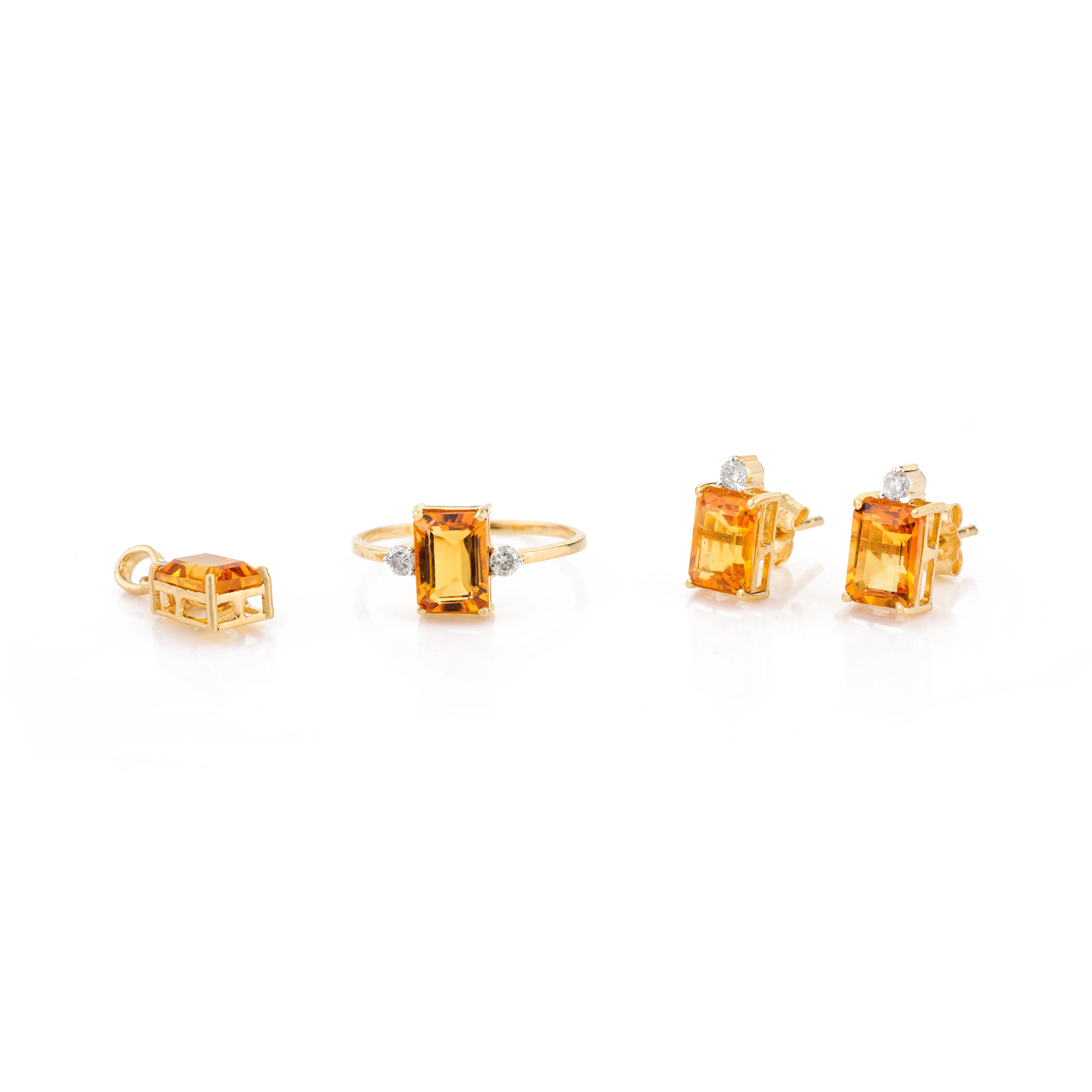 Octagon Cut Modern Citrine Diamond Ring Pendant Earrings Set in 18k Yellow Gold Gift for Her For Sale