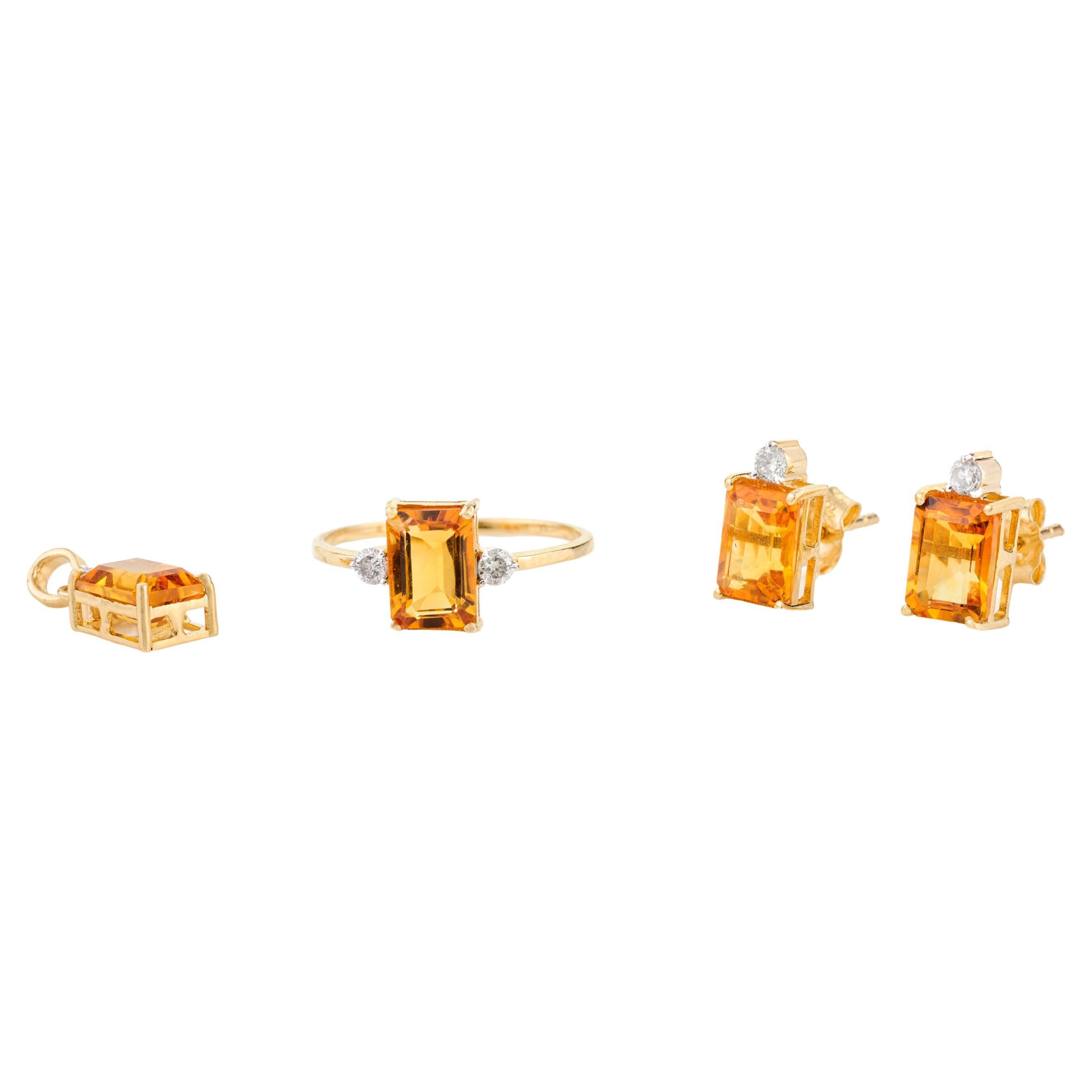 Modern Citrine Diamond Ring Pendant Earrings Set in 18k Yellow Gold Gift for Her