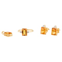 Moderno Anillo de Diamantes Citrino Pendientes Conjunto de Oro Amarillo de 18k Regalo para Ella