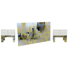 Modern Cityscape Set Brass Chrome Nightstands Headboard Signed Paul Evans 1970s