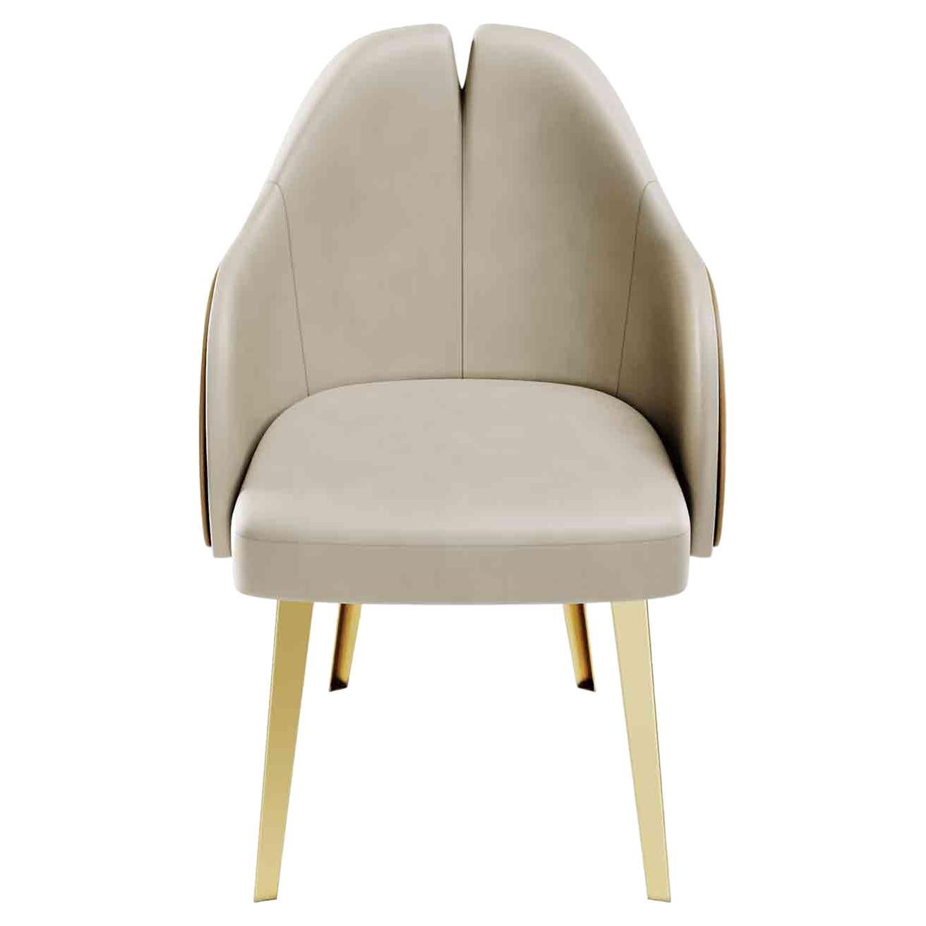 Modern Classic Dining Room Chair in Leather & Polished Golden Brass Details
