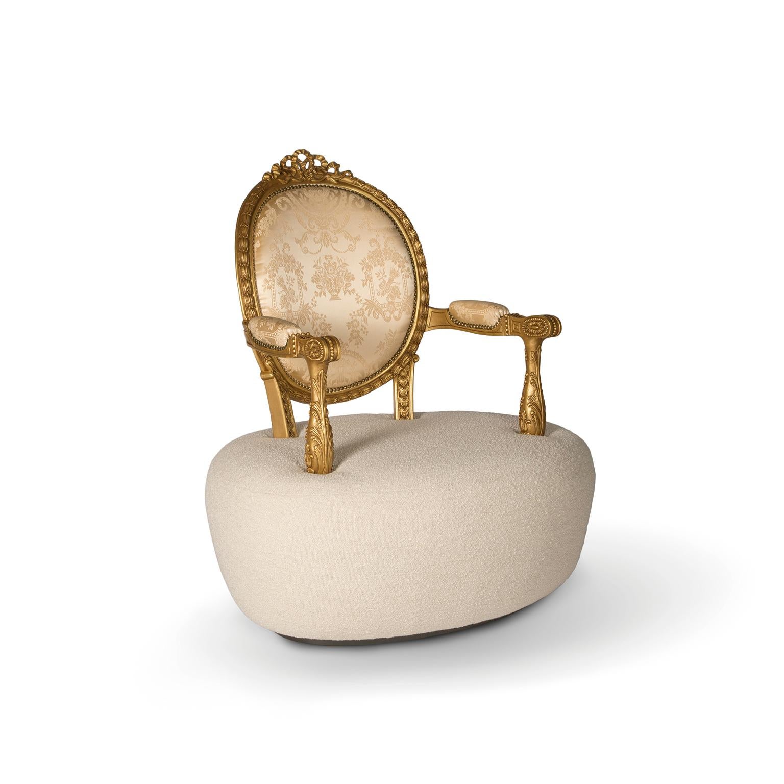 Inspiration:
This is one of the most premium armchairs of Bessa´s collection. Worthy of the grandeur of an empire, it is made with the most premium fabrics on the market, admirably hand-carved and finished in patinated 22k gold leaf. 
Its unique and