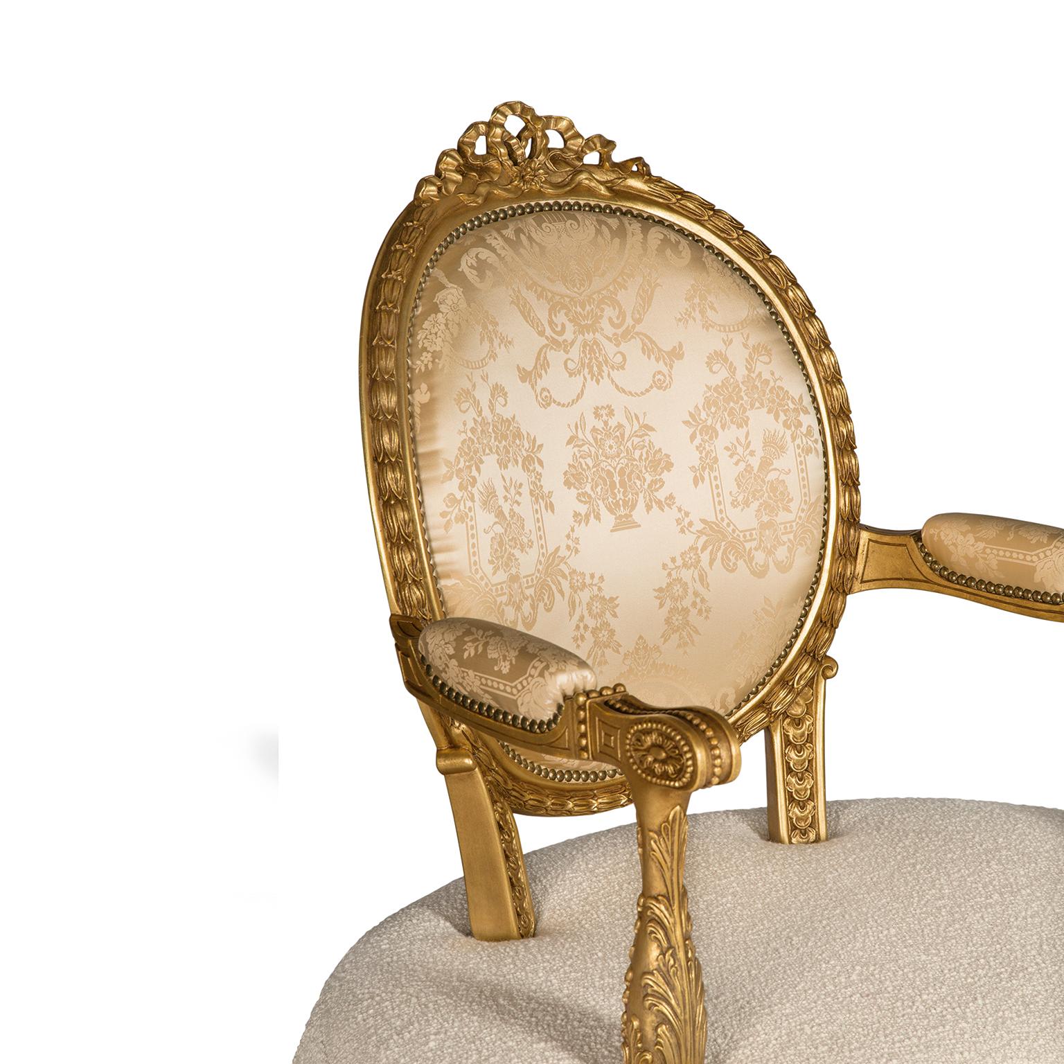 Hand-Carved Modern Classic Elizabeth I Armchair in Carved Wood and Patinated Fine Gold Leaf For Sale